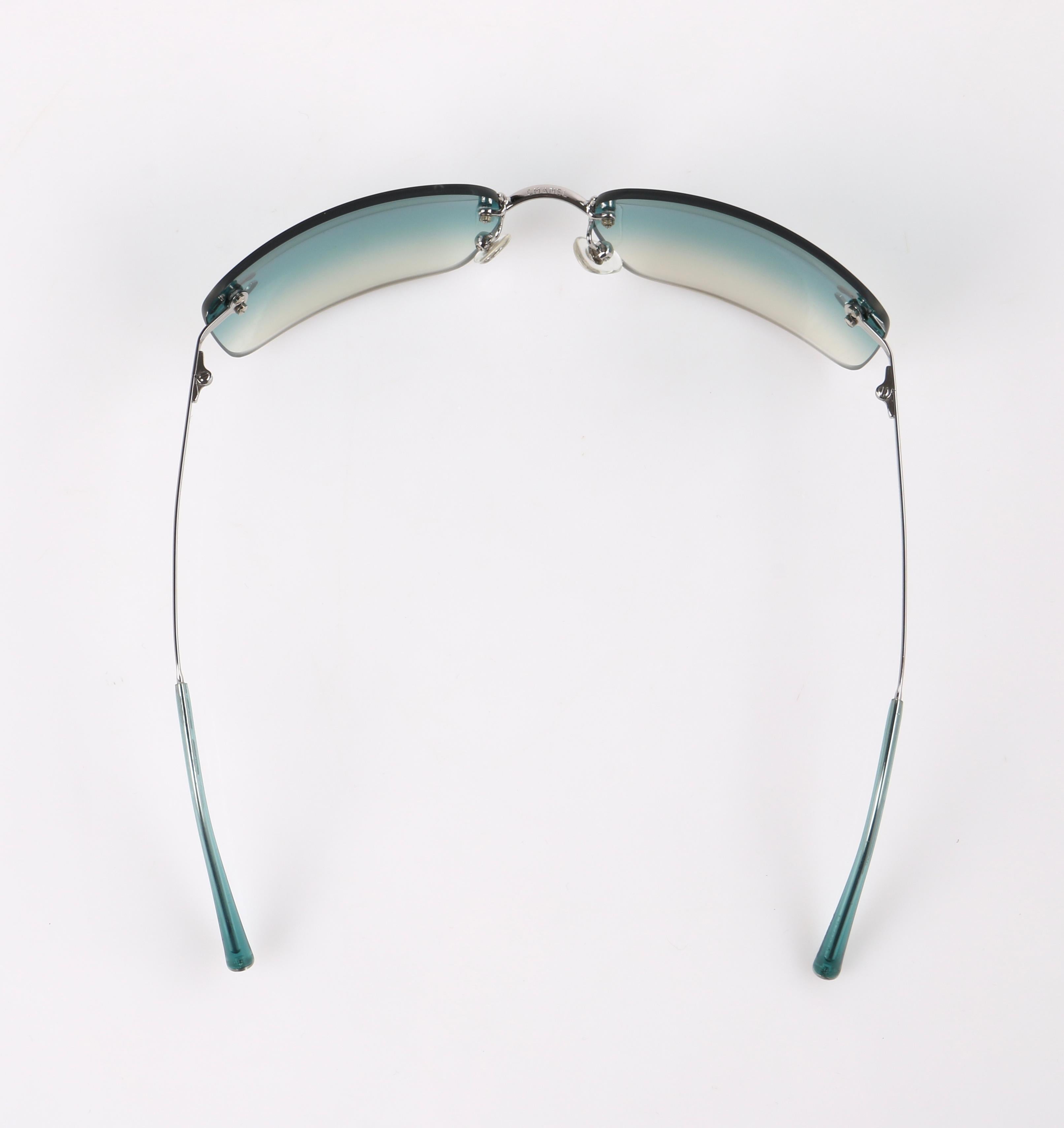 CHANEL Teal Blue Gradient Lens Crystal Rhinestone CC Rimless Sunglasses 4017-D 1