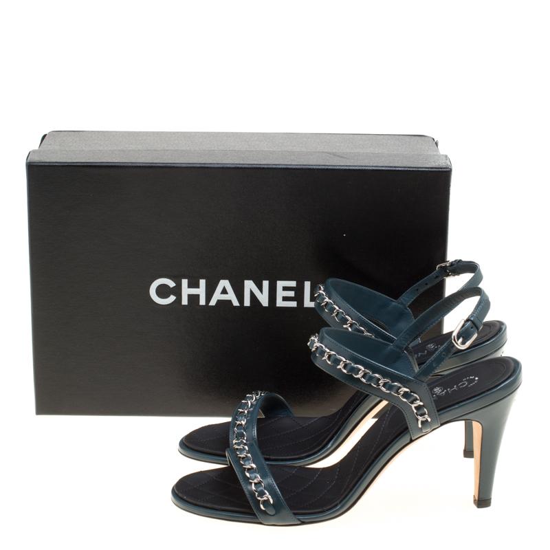 Chanel Teal Blue Leather Chain Link Ankle Strap Sandals Size 38 4