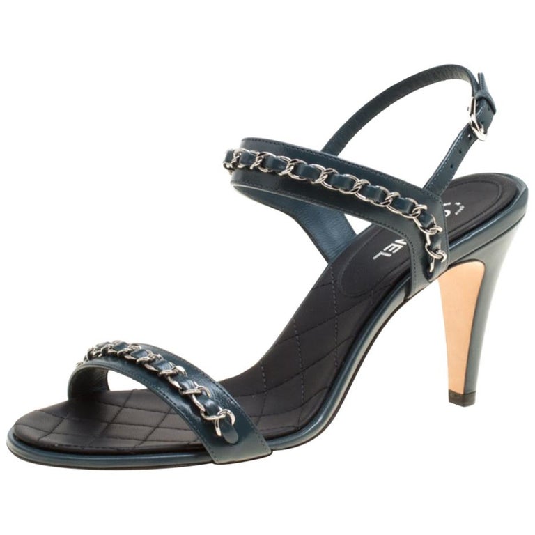 Chanel Teal Blue Leather Chain Link Ankle Strap Sandals Size 38 For Sale at  1stDibs