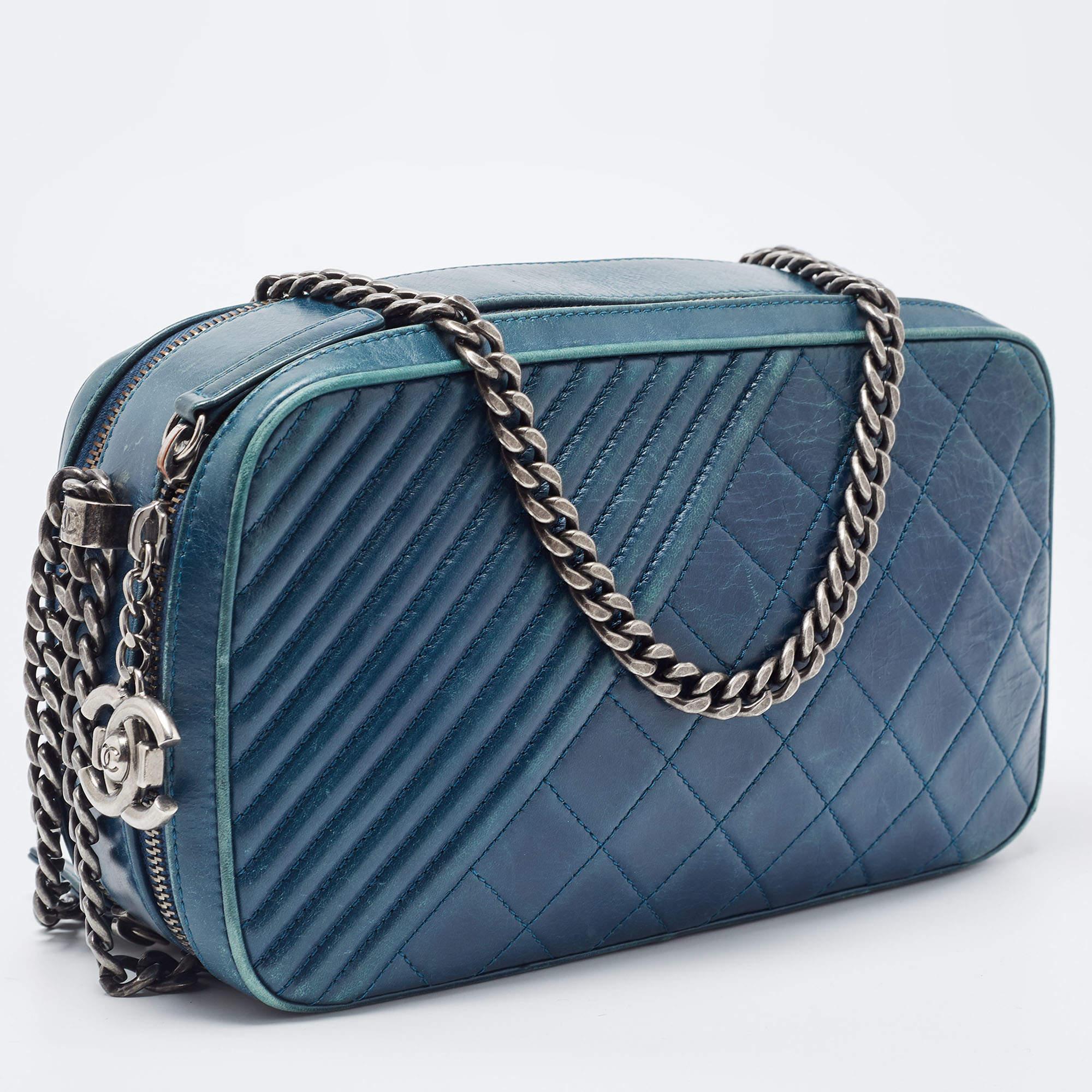 Women's Chanel Teal Blue Quilted Leather Coco Boy Camera Case Bag For Sale