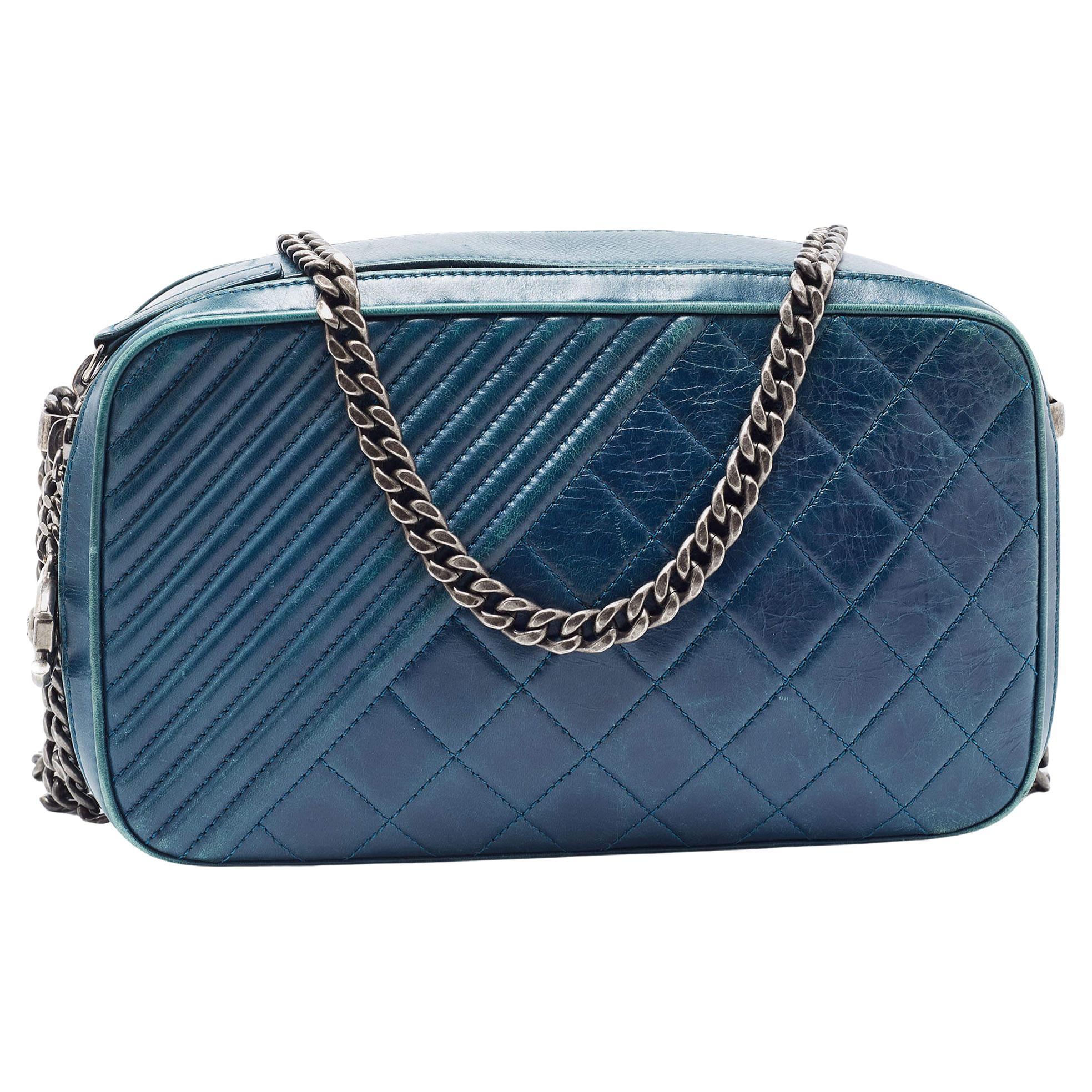 Chanel Teal Blue Quilted Leather Coco Boy Camera Case Bag For Sale