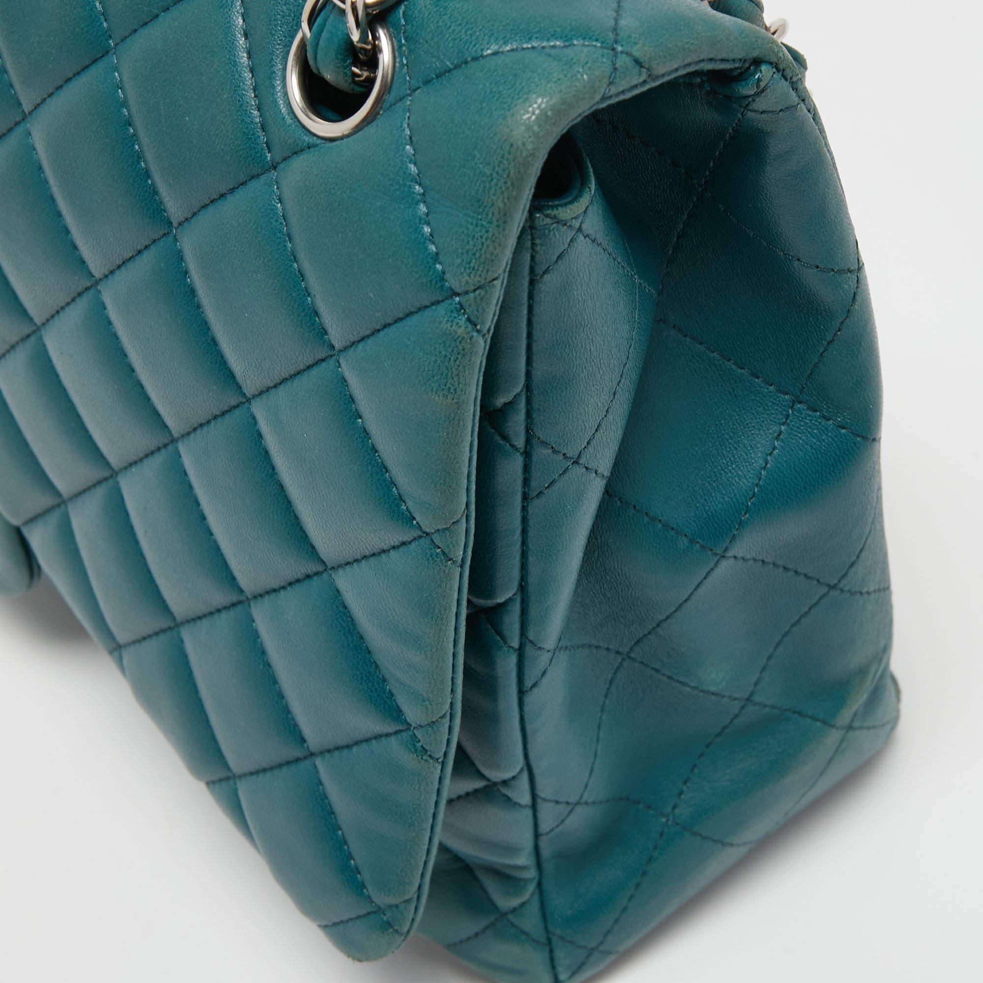 Chanel Teal Blue Quilted Leather Maxi Classic Single Flap Shoulder Bag 9