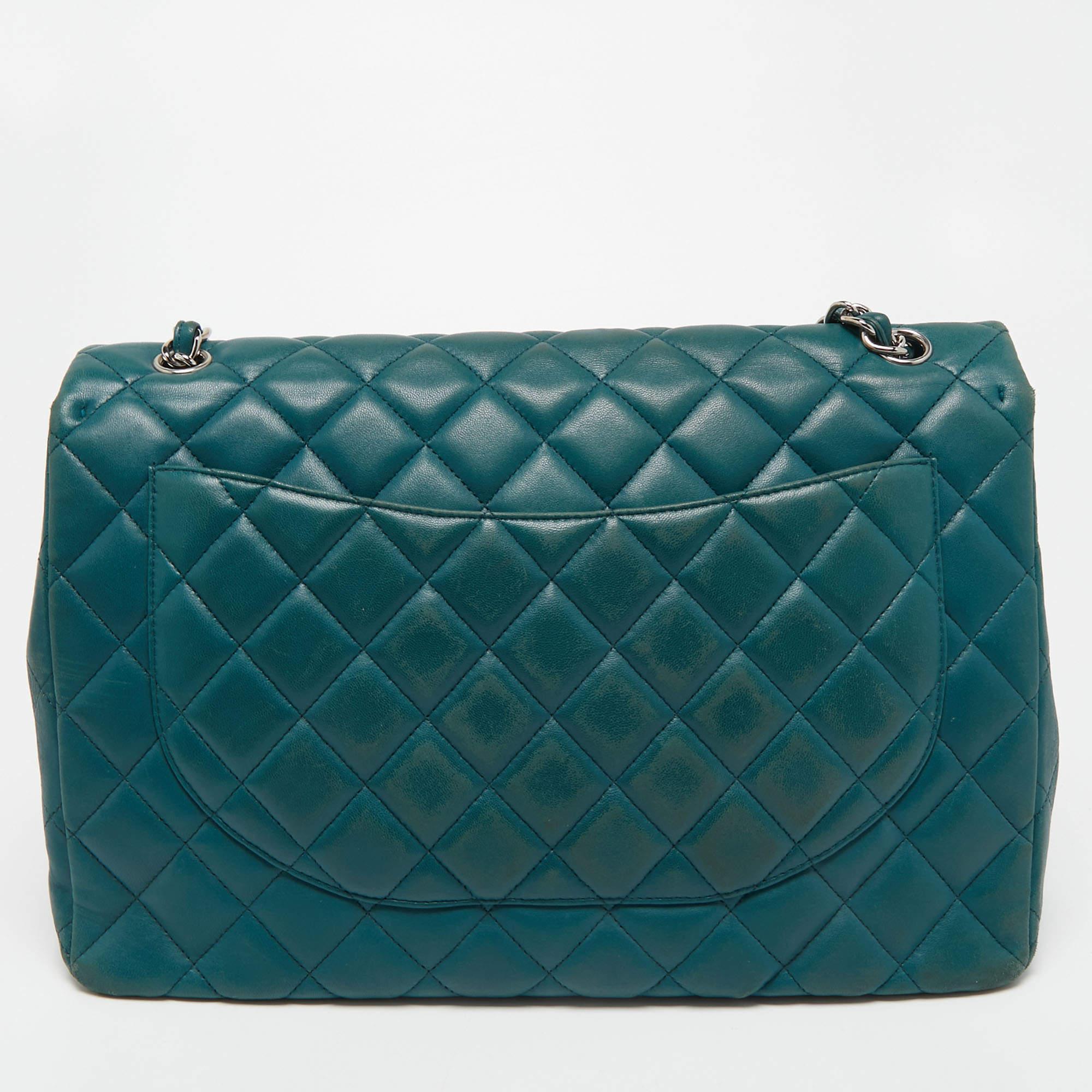 Chanel Teal Blue Quilted Leather Maxi Classic Single Flap Shoulder Bag 11