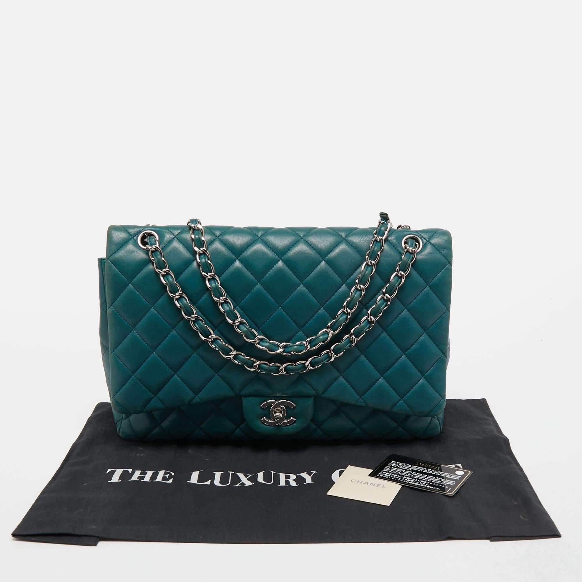 Chanel Teal Blue Quilted Leather Maxi Classic Single Flap Shoulder Bag 16