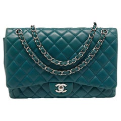 Chanel Teal Blue Quilted Leather Maxi Classic Single Flap Shoulder Bag