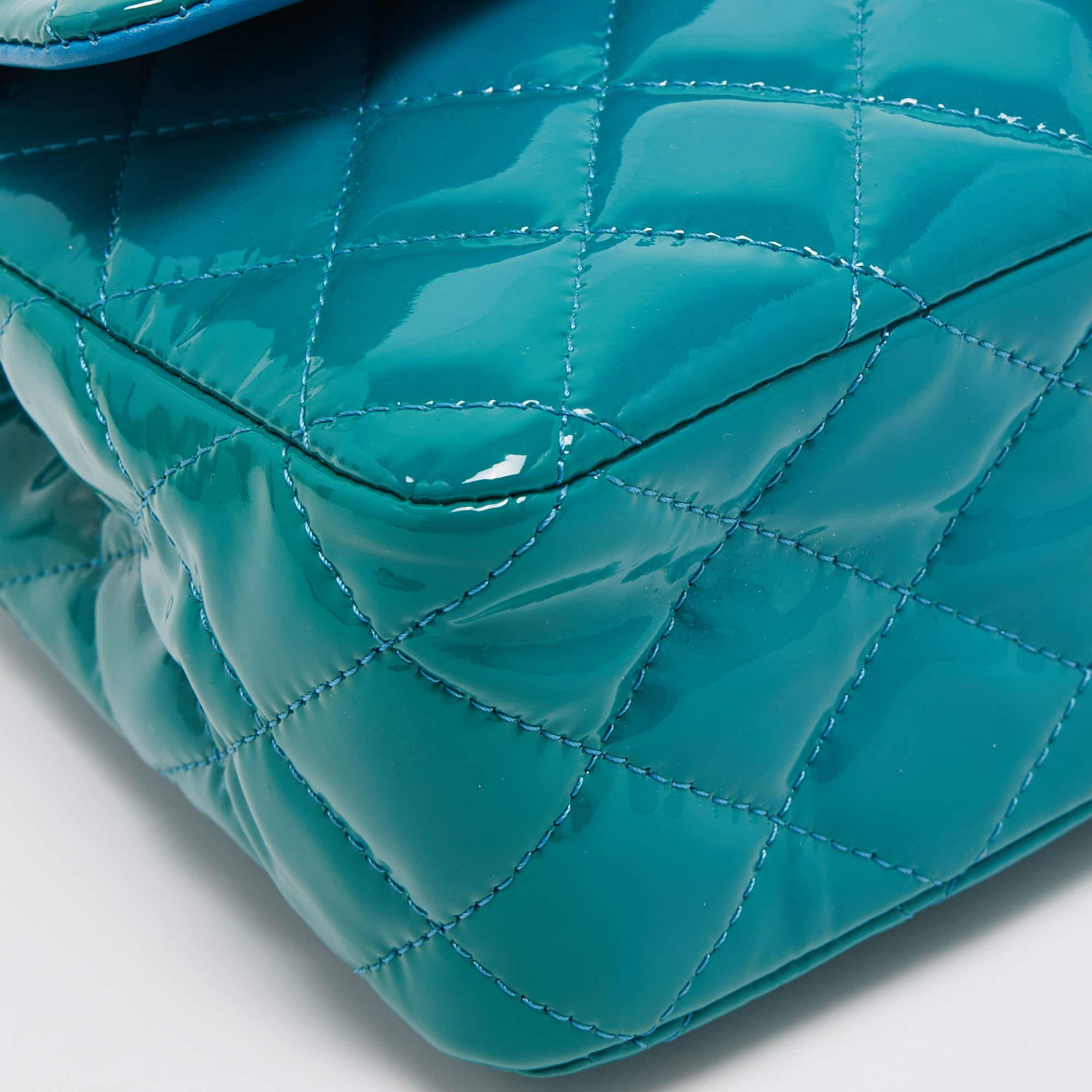Chanel Teal Blue Quilted Patent Leather Medium Classic Double Flap Bag For Sale 6