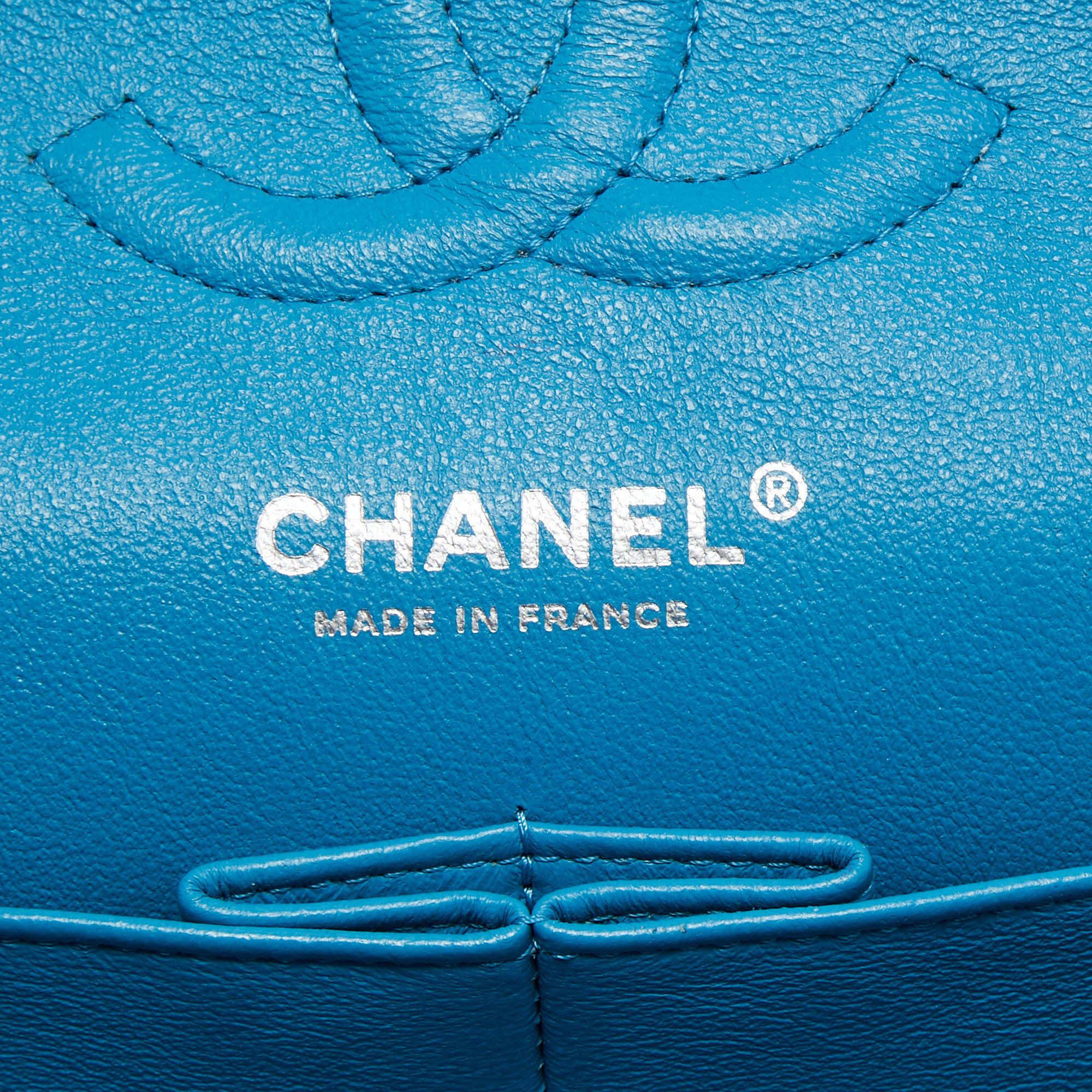 Chanel Teal Blue Quilted Patent Leather Medium Classic Double Flap Bag For Sale 7