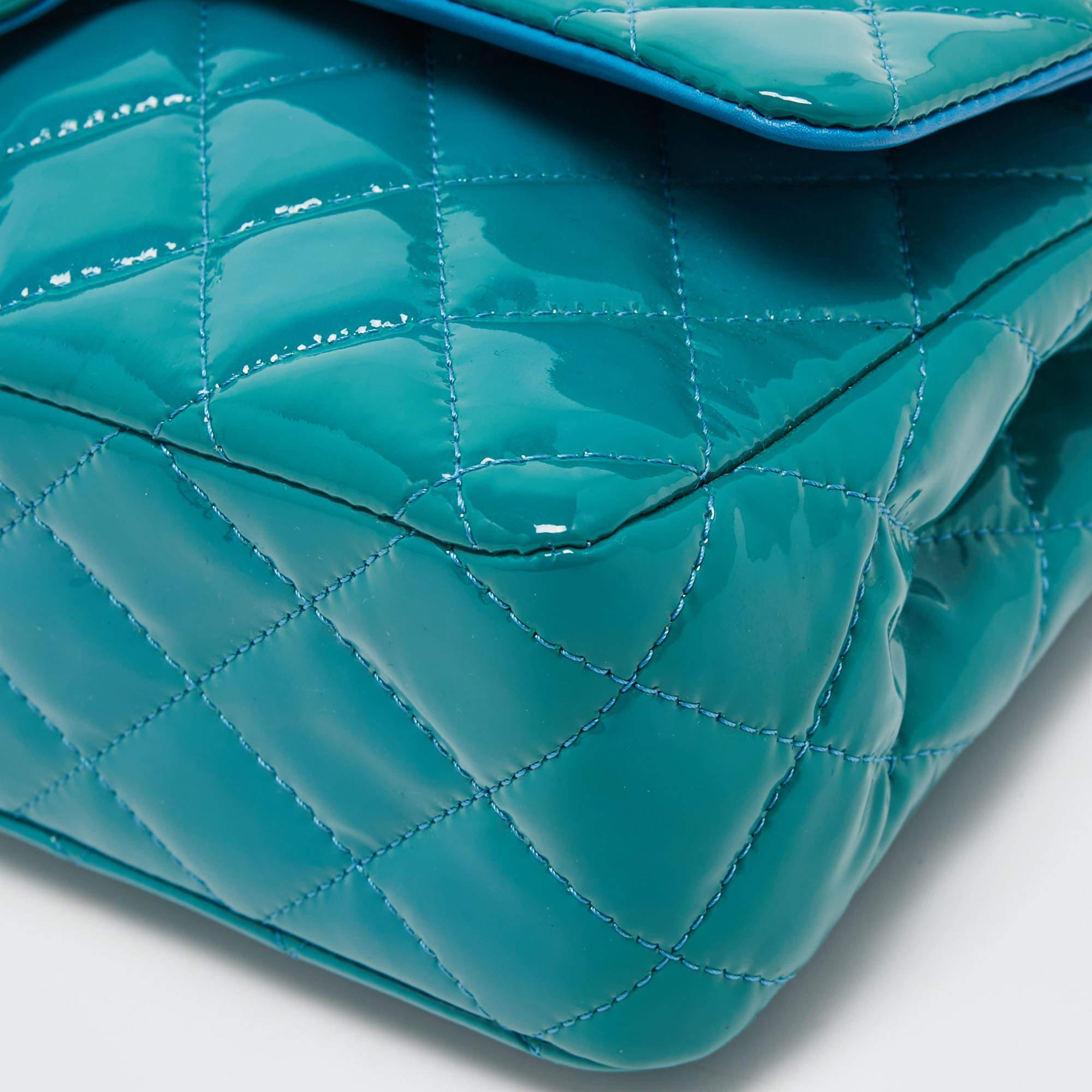 Chanel Teal Blue Quilted Patent Leather Medium Classic Double Flap Bag For Sale 5