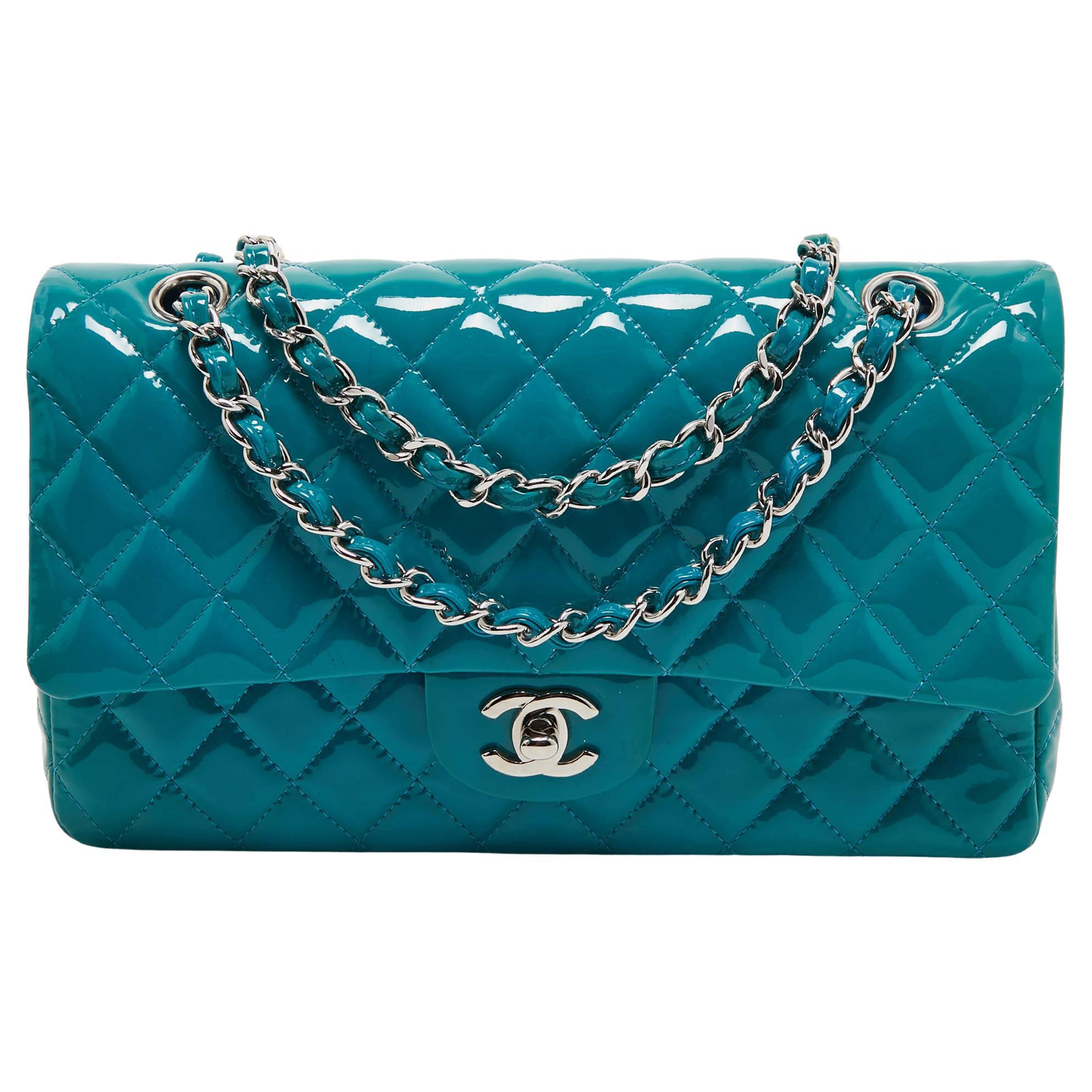 Chanel Teal Blue Quilted Patent Leather Medium Classic Double Flap Bag For Sale