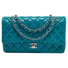 Chanel Teal Blue Quilted Patent Leather Medium Classic Double Flap Bag