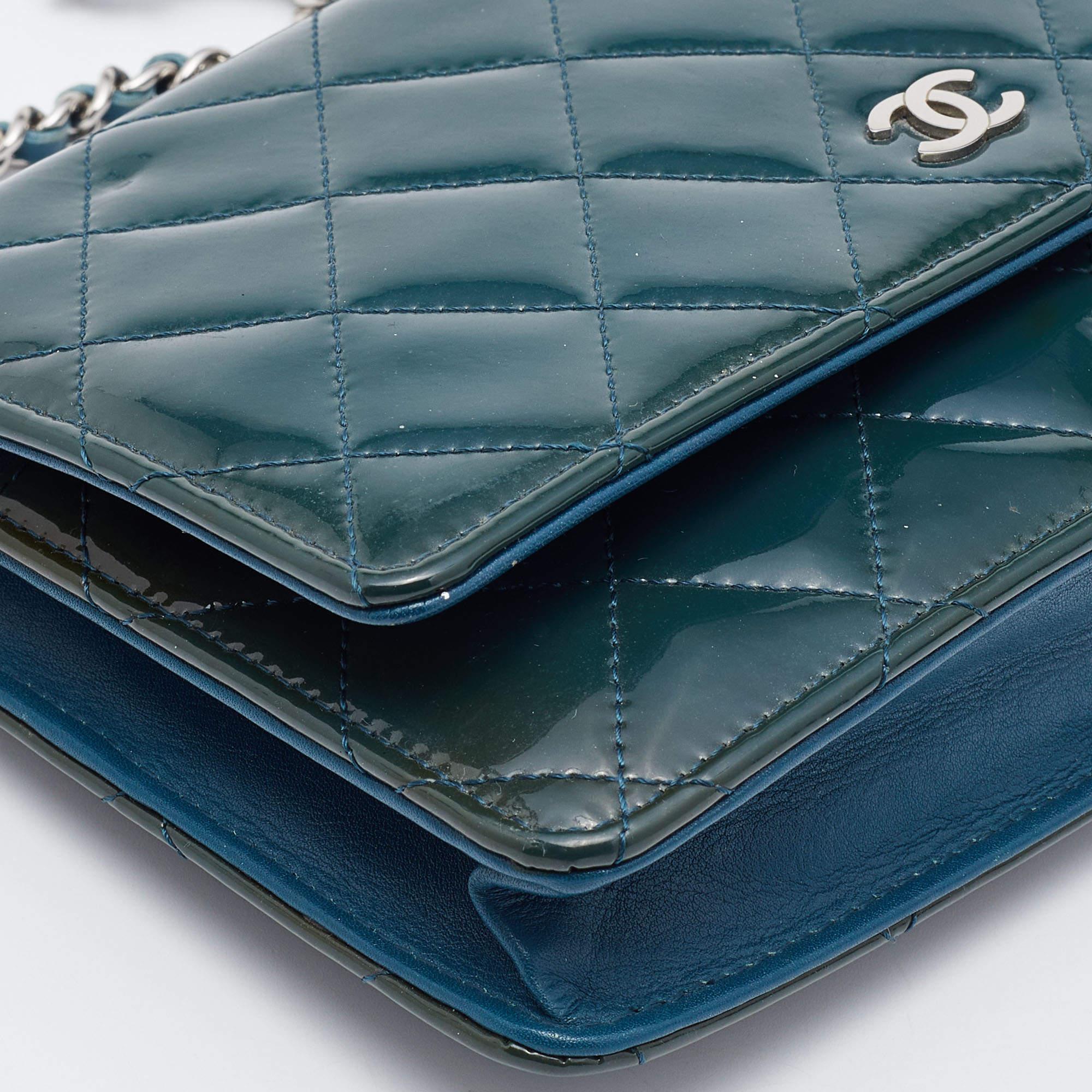 Chanel Teal Blue Quilted Patent Leather WOC Clutch 8