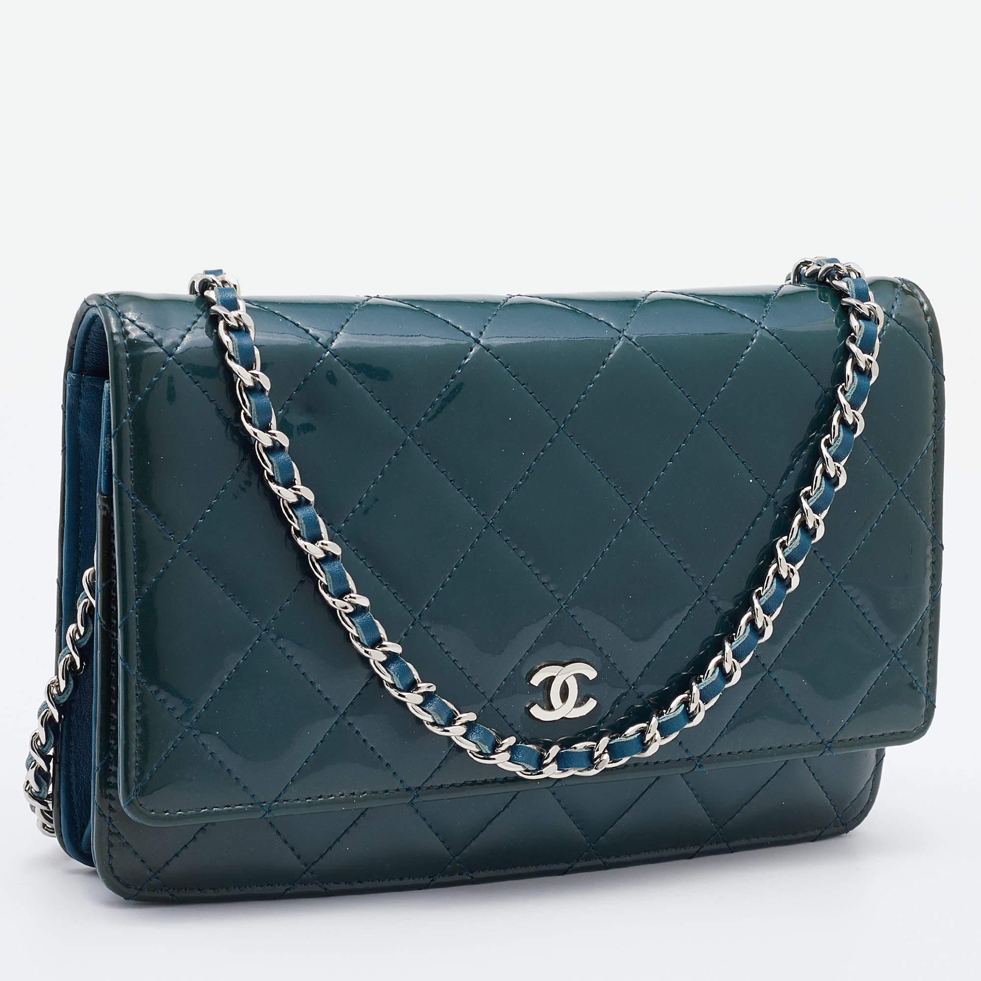 Women's Chanel Teal Blue Quilted Patent Leather WOC Clutch