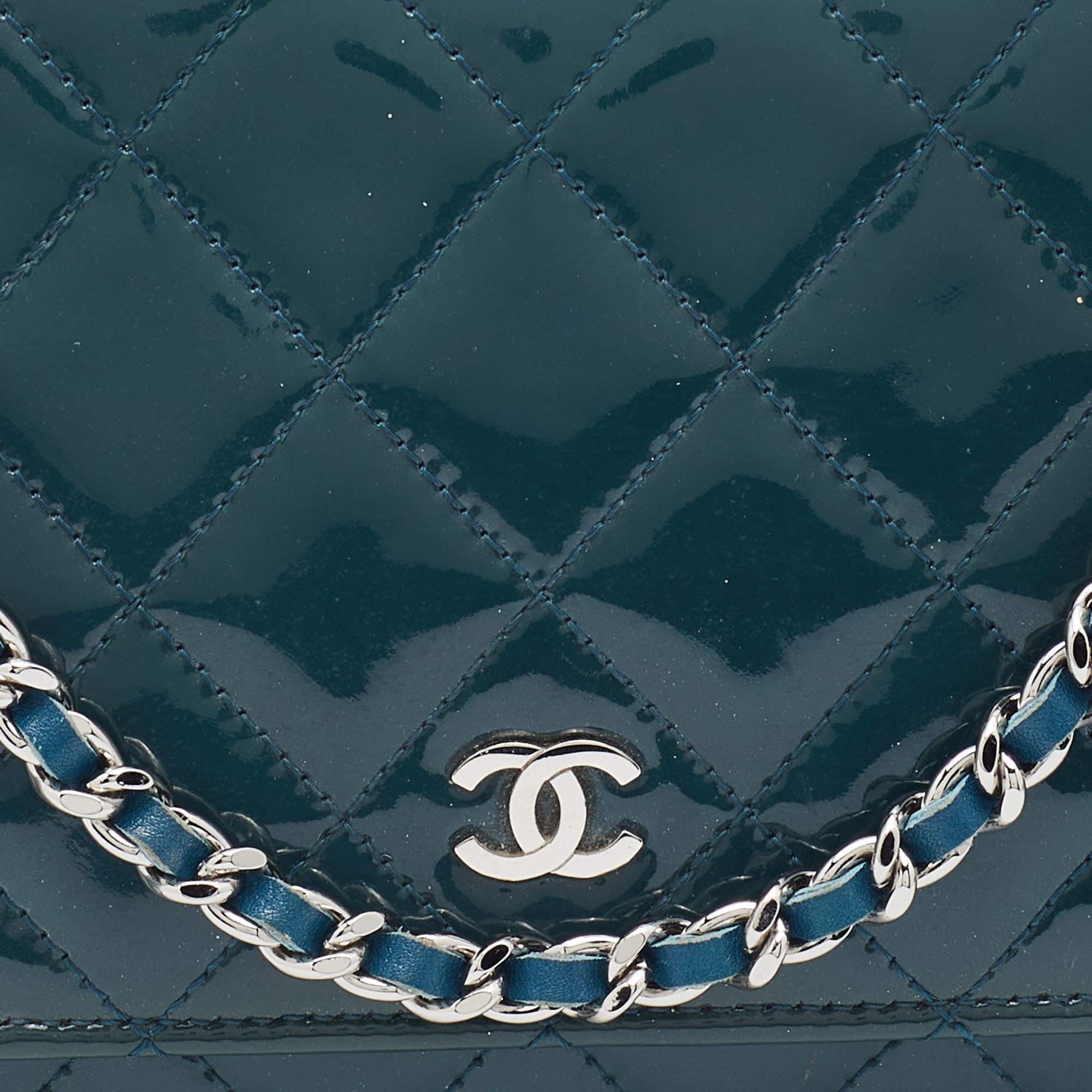 Chanel Teal Blue Quilted Patent Leather WOC Clutch 2