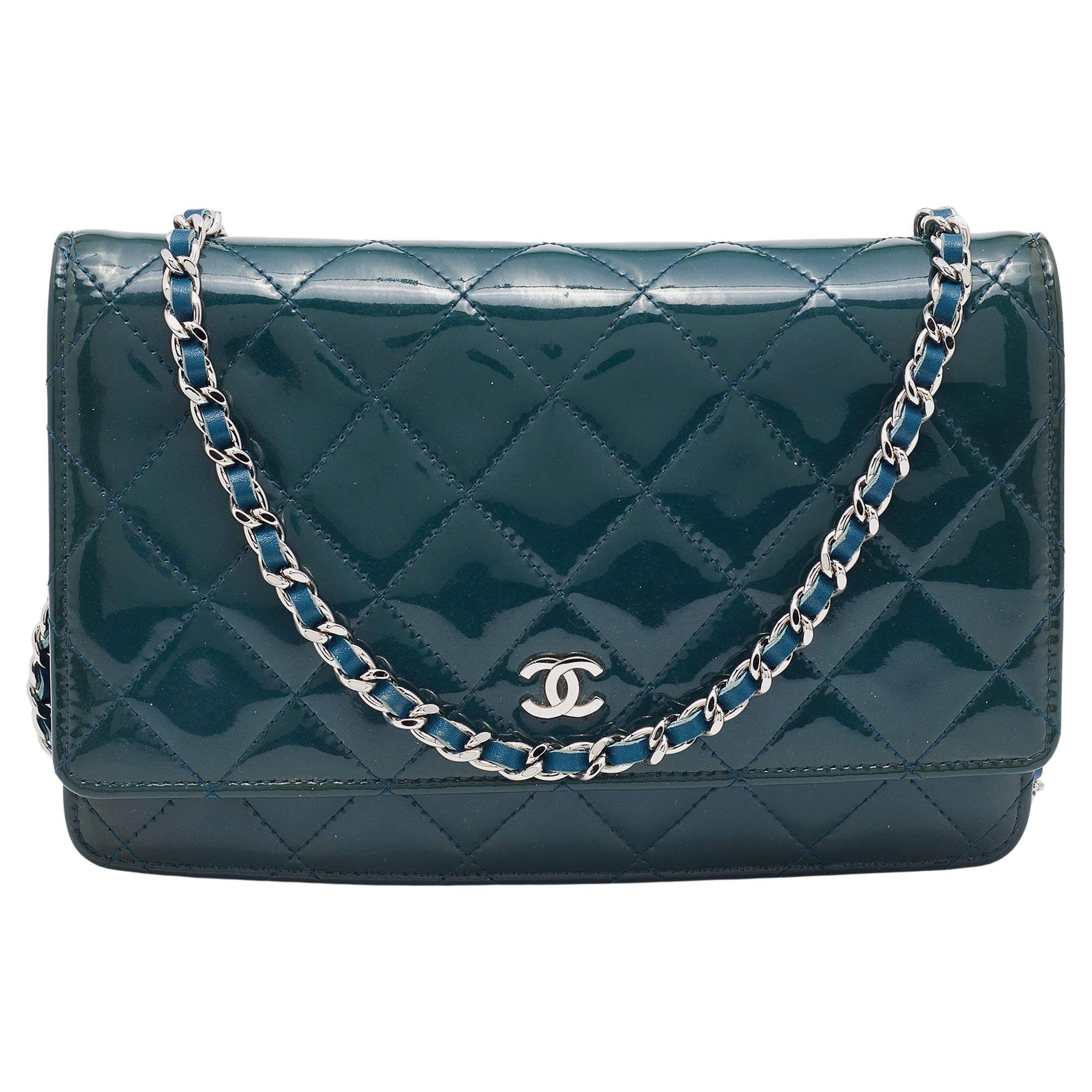 Chanel Teal Blue Quilted Patent Leather WOC Clutch