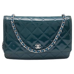 Chanel Teal Blue Quilted Patent Leather WOC Clutch