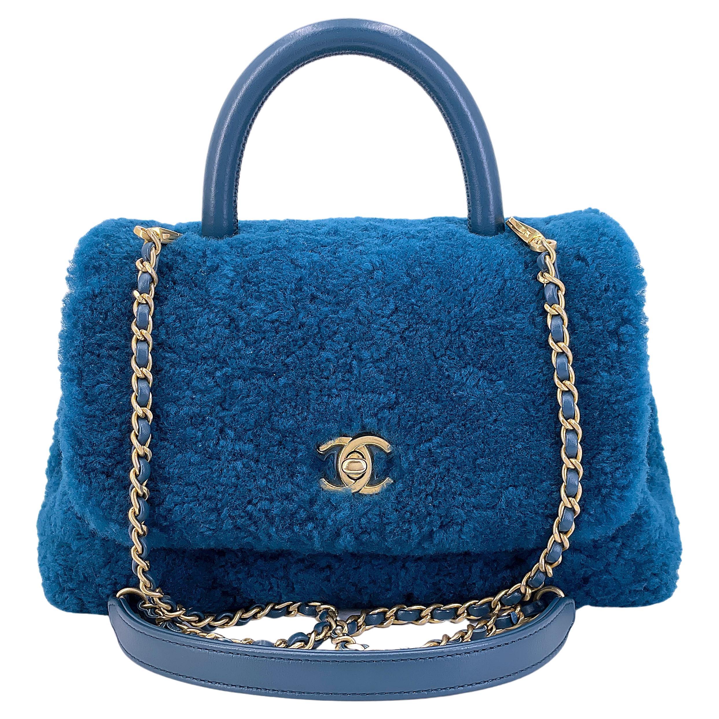 Chanel Teal Blue Shearling Fur Small Coco Handle Flap Bag GHW 67748 For Sale  at 1stDibs