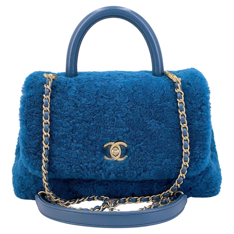 Chanel Teal Blue Shearling Fur Small Coco Handle Flap Bag GHW