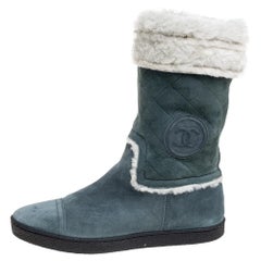 Chanel Teal Blue Suede Shearling Quilted CC Boots Size 41
