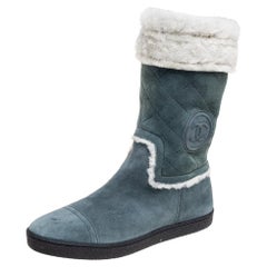 Chanel Teal Blue Suede Shearling Quilted CC Boots Size 41