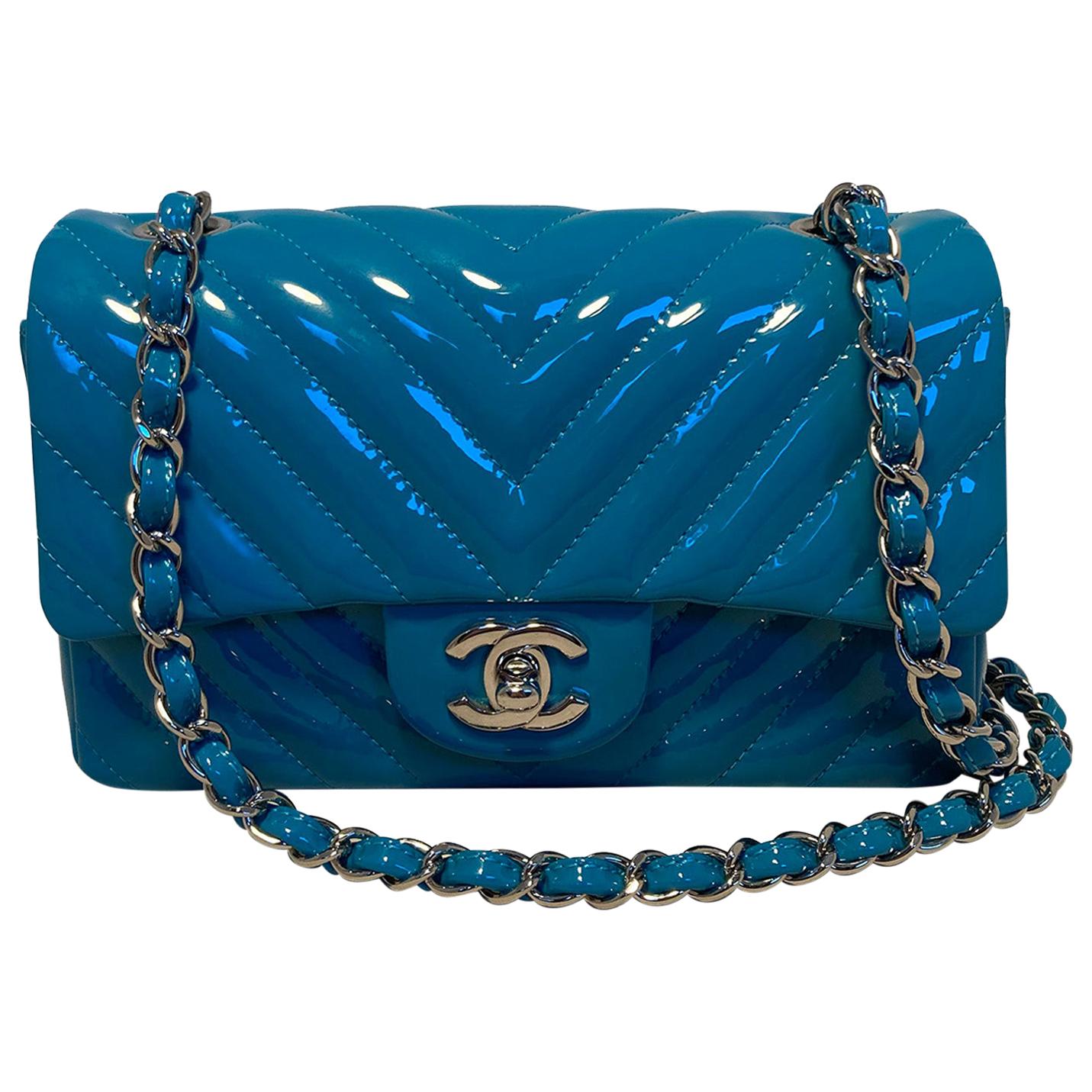 Chanel Teal Chevron Quilted Patent Leather Mini Classic Flap 