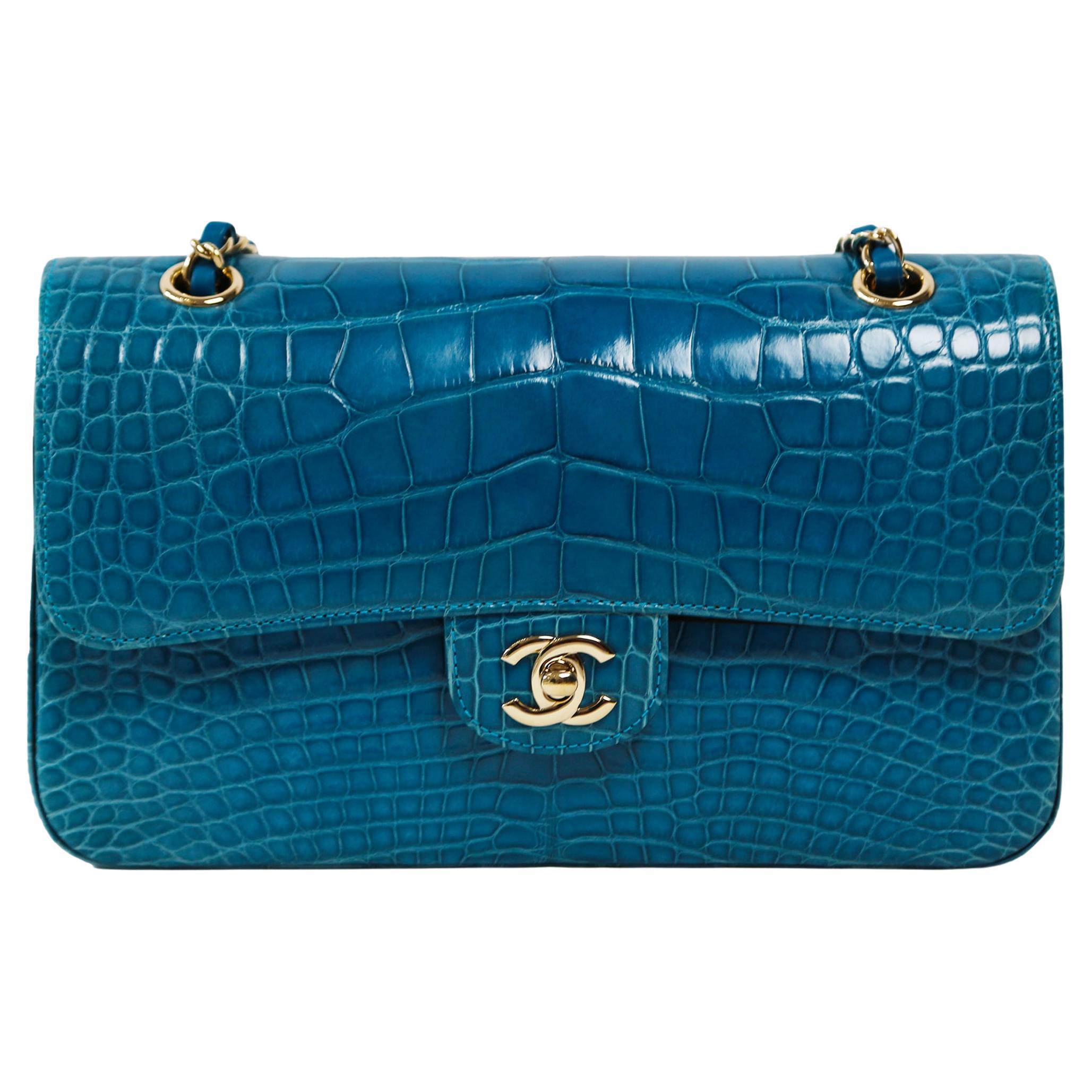 Chanel Teal Shiny Alligator Double Flap Bag