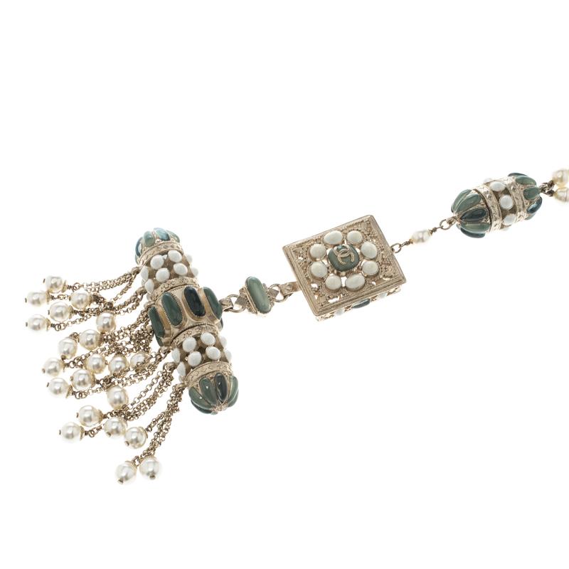 Chanel Teal Enamel Faux Pearl Gold Tone Tassel Necklace In Good Condition In Dubai, Al Qouz 2