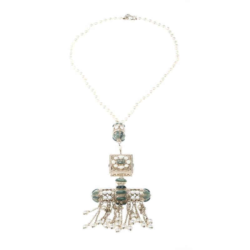 Women's Chanel Teal Enamel Faux Pearl Gold Tone Tassel Necklace