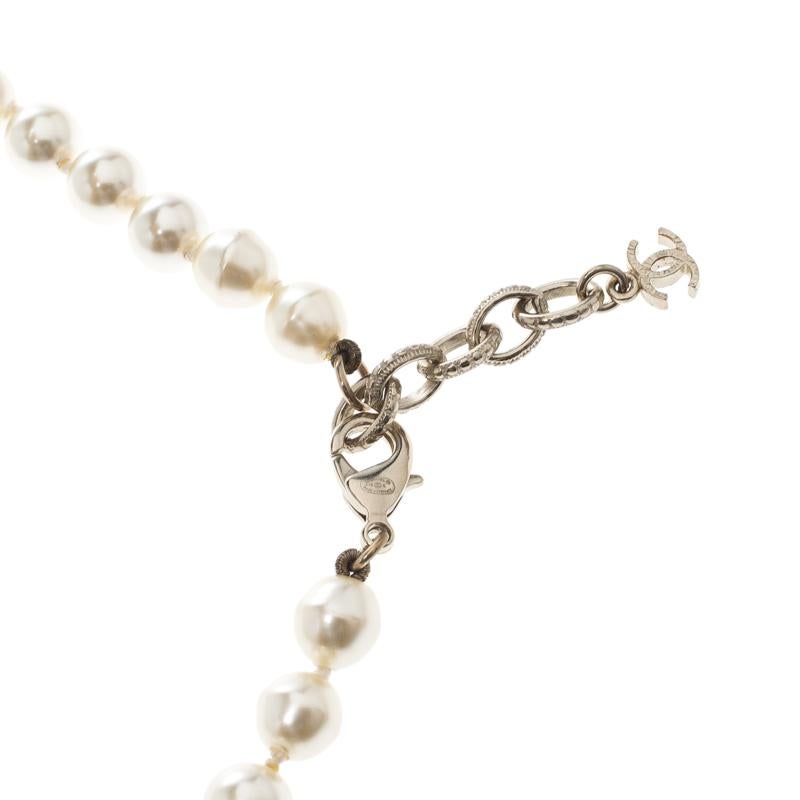 Chanel Teal Enamel Faux Pearl Gold Tone Tassel Necklace 1
