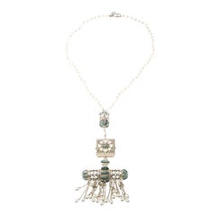 Chanel Teal Enamel Faux Pearl Gold Tone Tassel Necklace