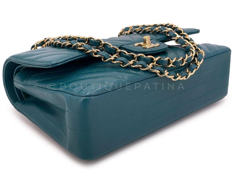 Chanel Teal Green Chevron Caviar Medium Classic Double Flap Bag GHW 66992  For Sale at 1stDibs