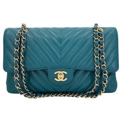 Chanel Teal Green Chevron Caviar Medium Classic Double Flap Bag GHW 66992