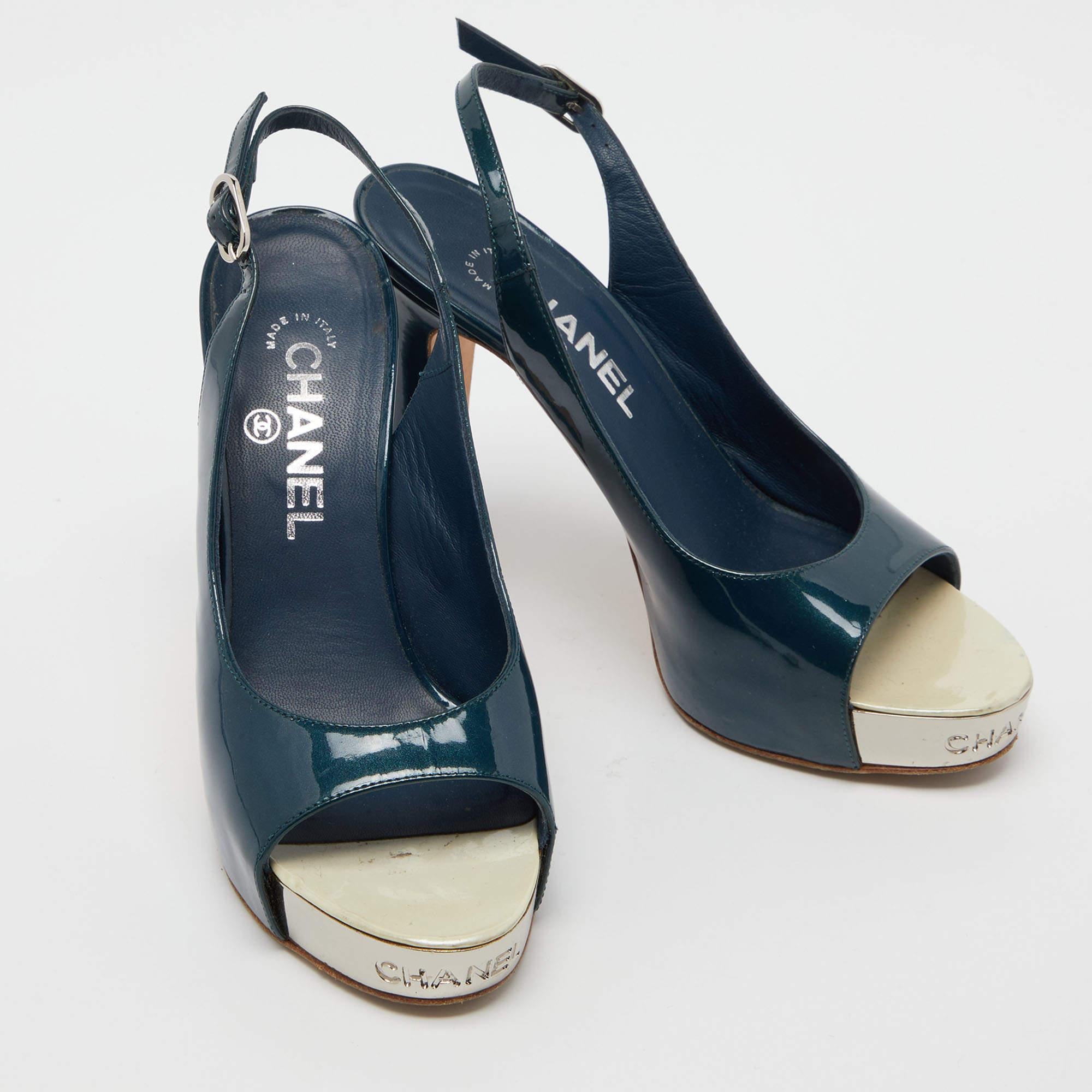 Women's Chanel Teal Green Patent Leather Open Toe Platform Slingback Sandals Size 38