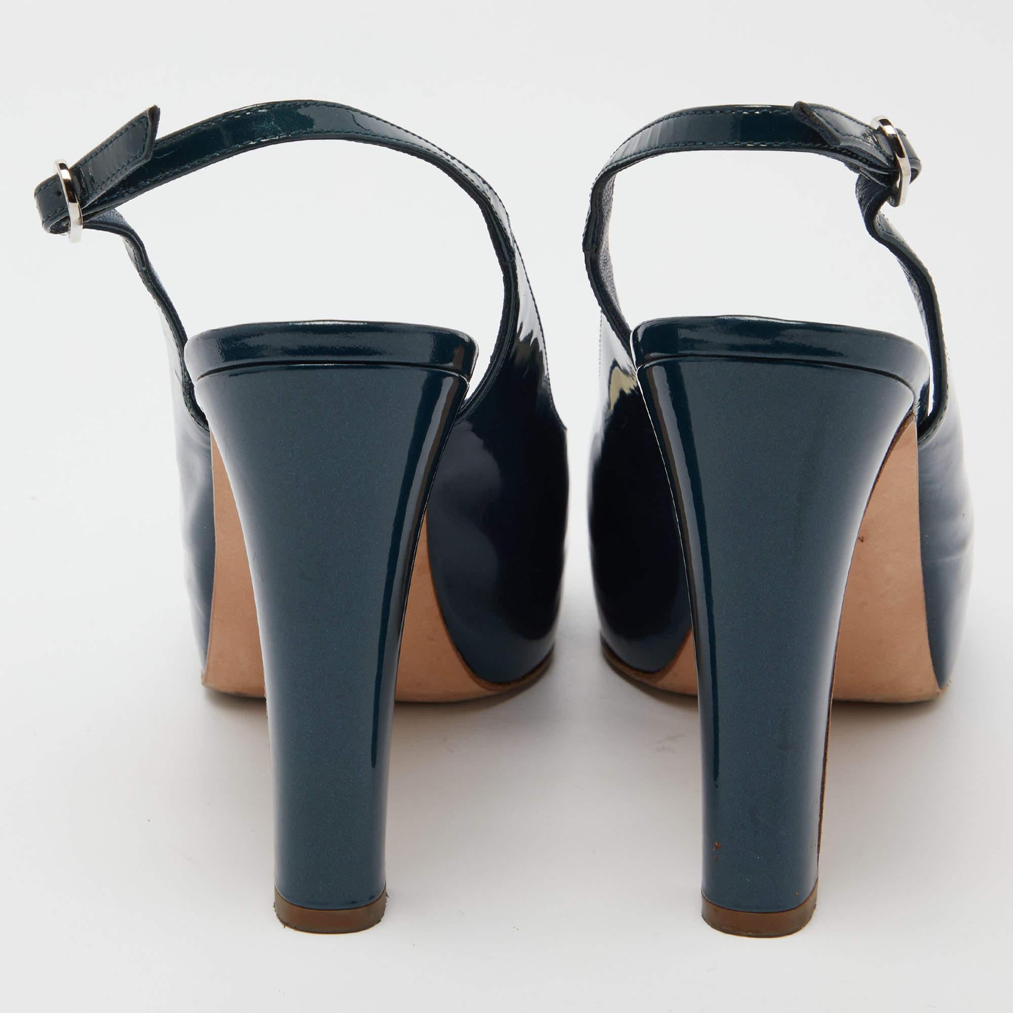 Chanel Teal Green Patent Leather Open Toe Platform Slingback Sandals Size 38 1
