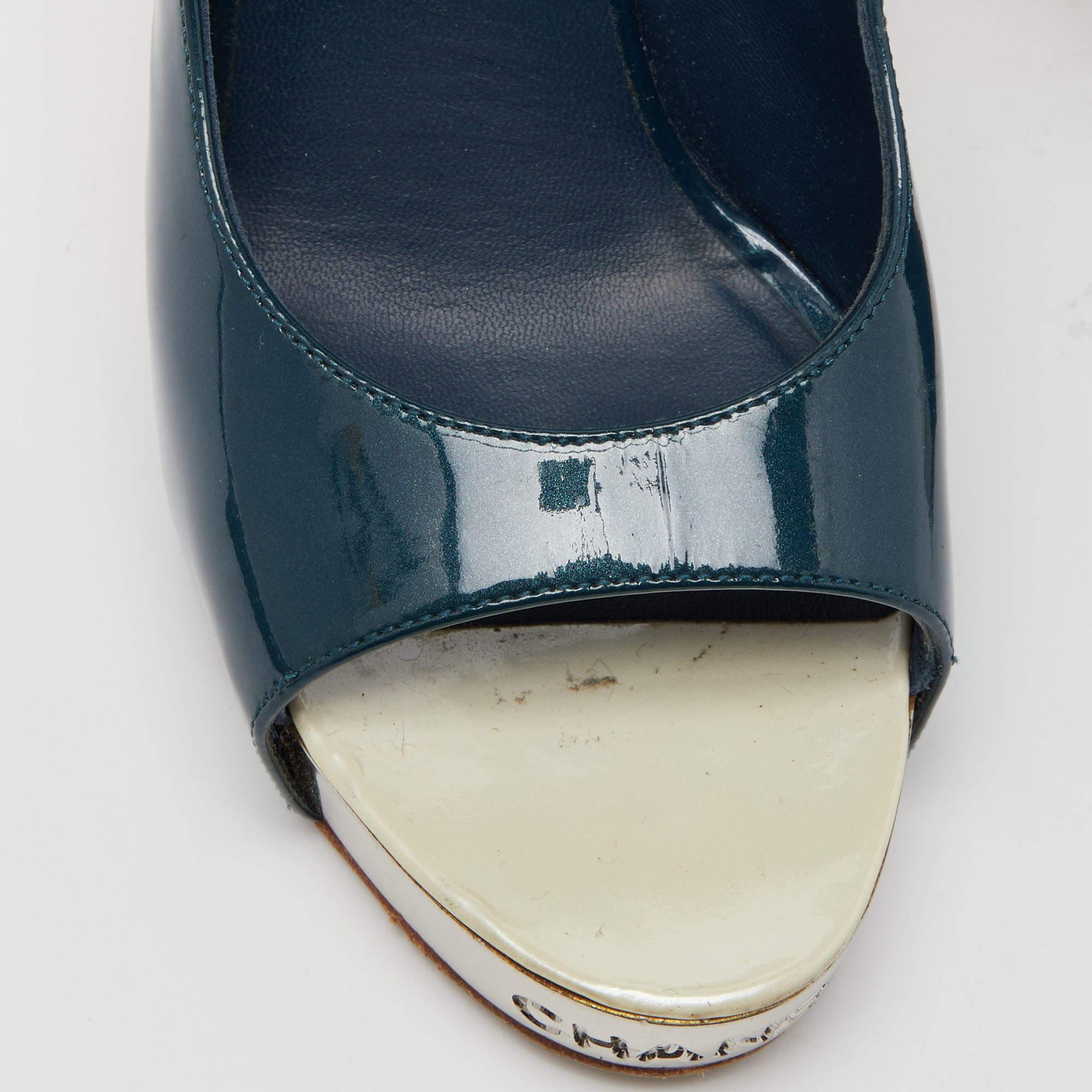 Chanel Teal Green Patent Leather Open Toe Platform Slingback Sandals Size 38 3
