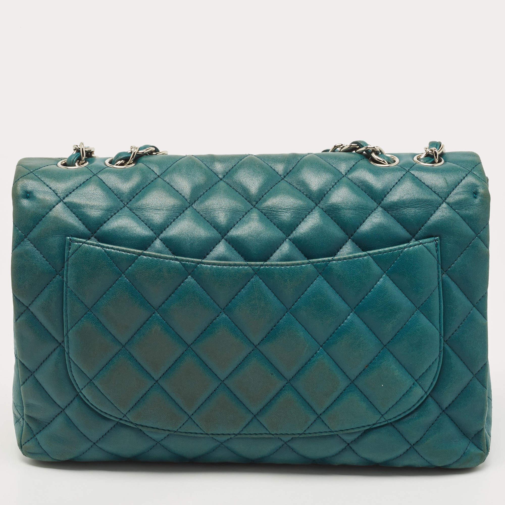 Chanel Teal Green Quilted Leather Jumbo Classic Single Flap Bag 7