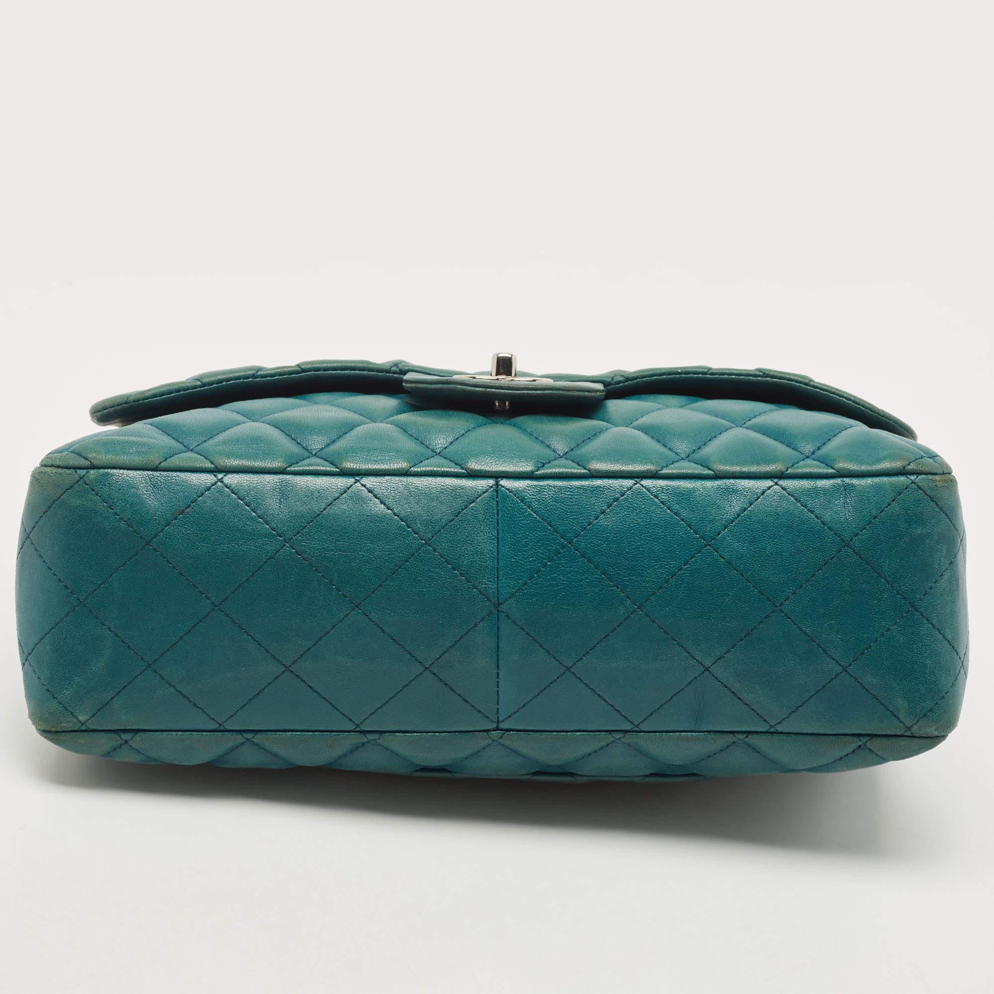 Chanel Teal Green Quilted Leather Jumbo Classic Single Flap Bag 8