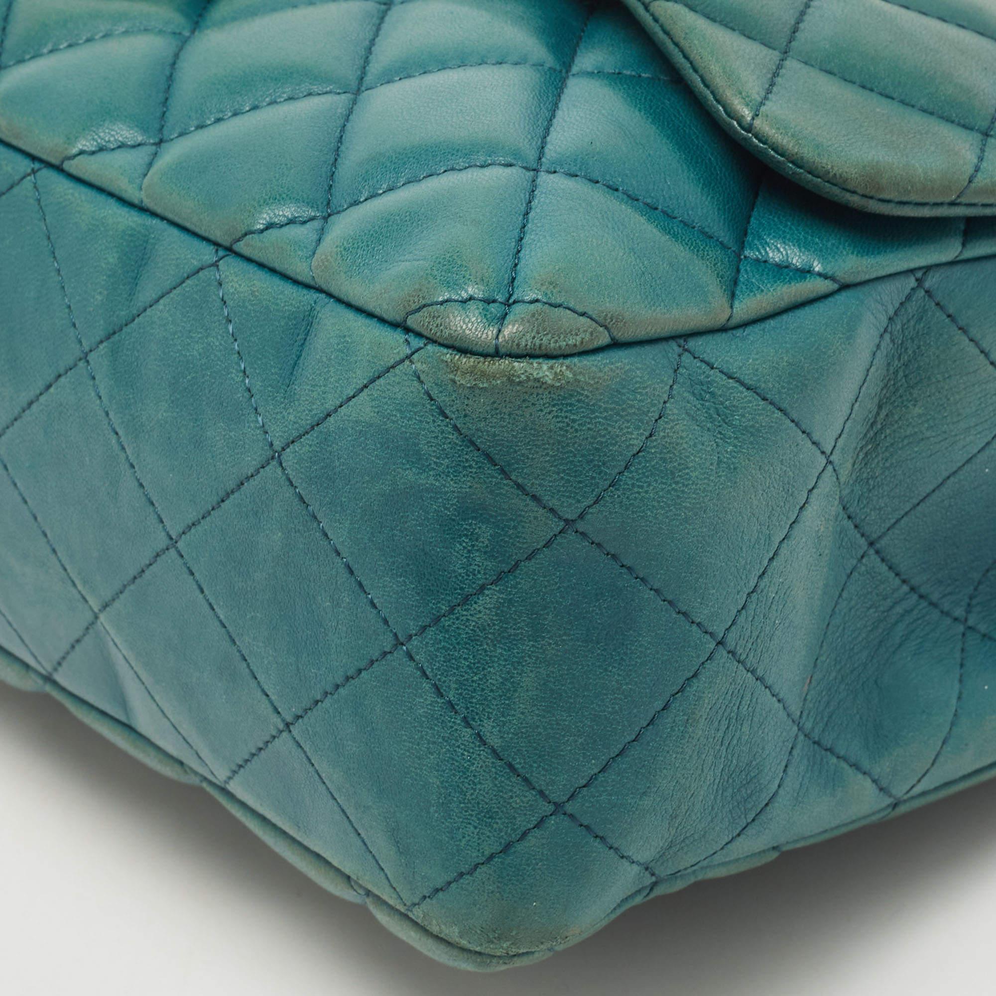 Chanel Teal Green Quilted Leather Jumbo Classic Single Flap Bag 10