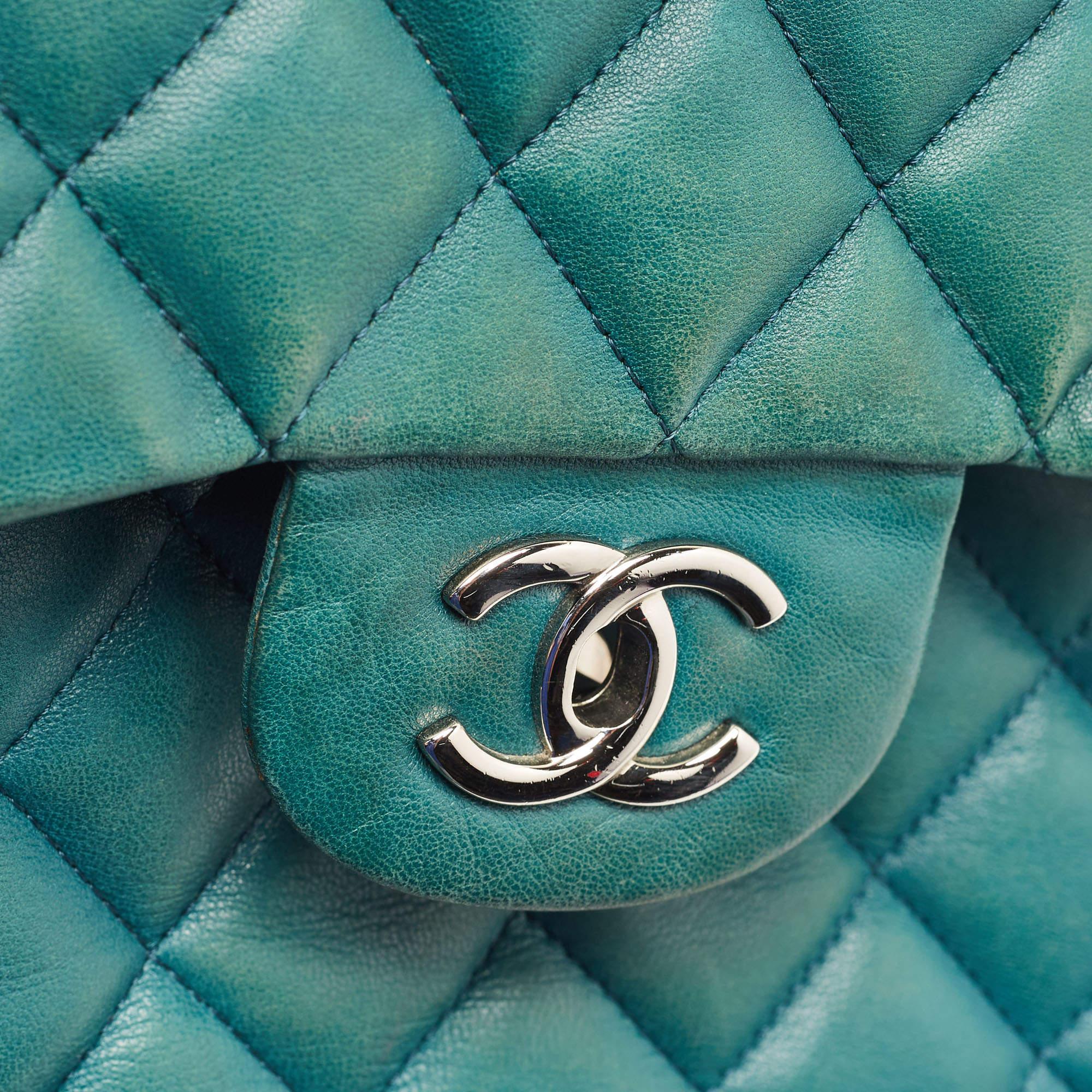 Chanel Teal Green Quilted Leather Jumbo Classic Single Flap Bag 11