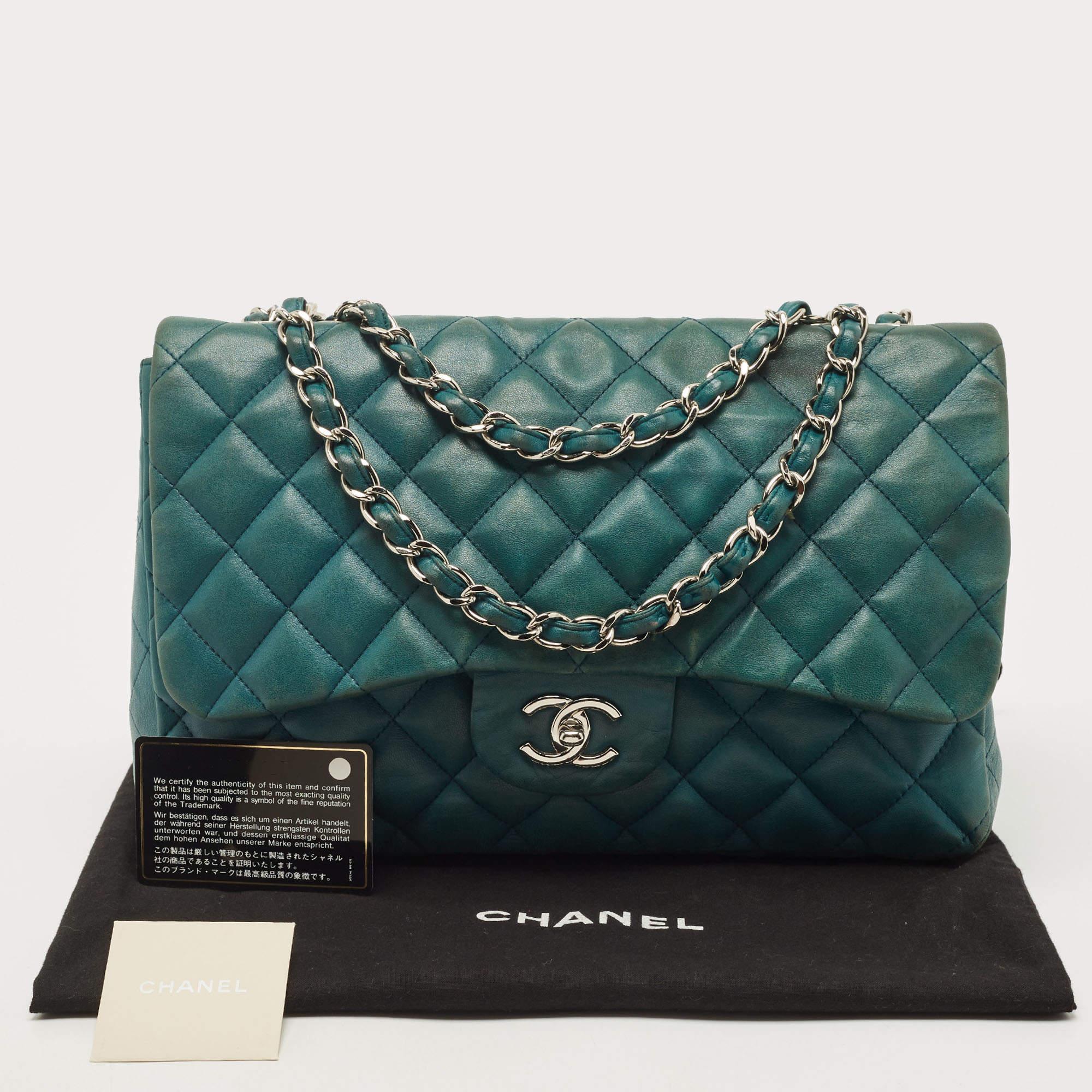 Chanel Teal Green Quilted Leather Jumbo Classic Single Flap Bag 12