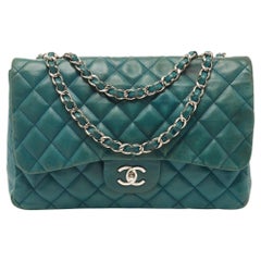 Chanel Green Teal Quilted Leather Jumbo Classic Single Flap Bag