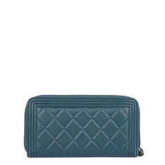 Chanel Teal Lambskin Leather Boy Matrasse Long Wallet