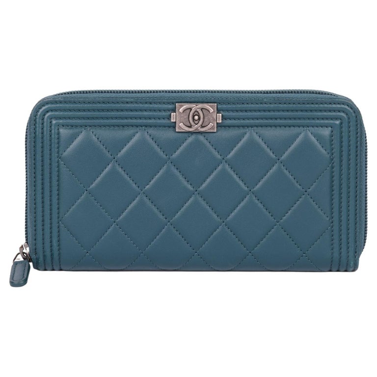 Chanel Light Green Lambskin Quilted Leather L-Zip Compact French Purse Wallet