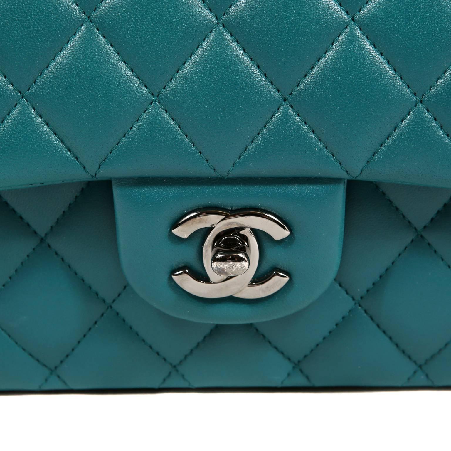 Chanel Teal Lambskin Medium Classic Double Flap Bag In New Condition In Palm Beach, FL