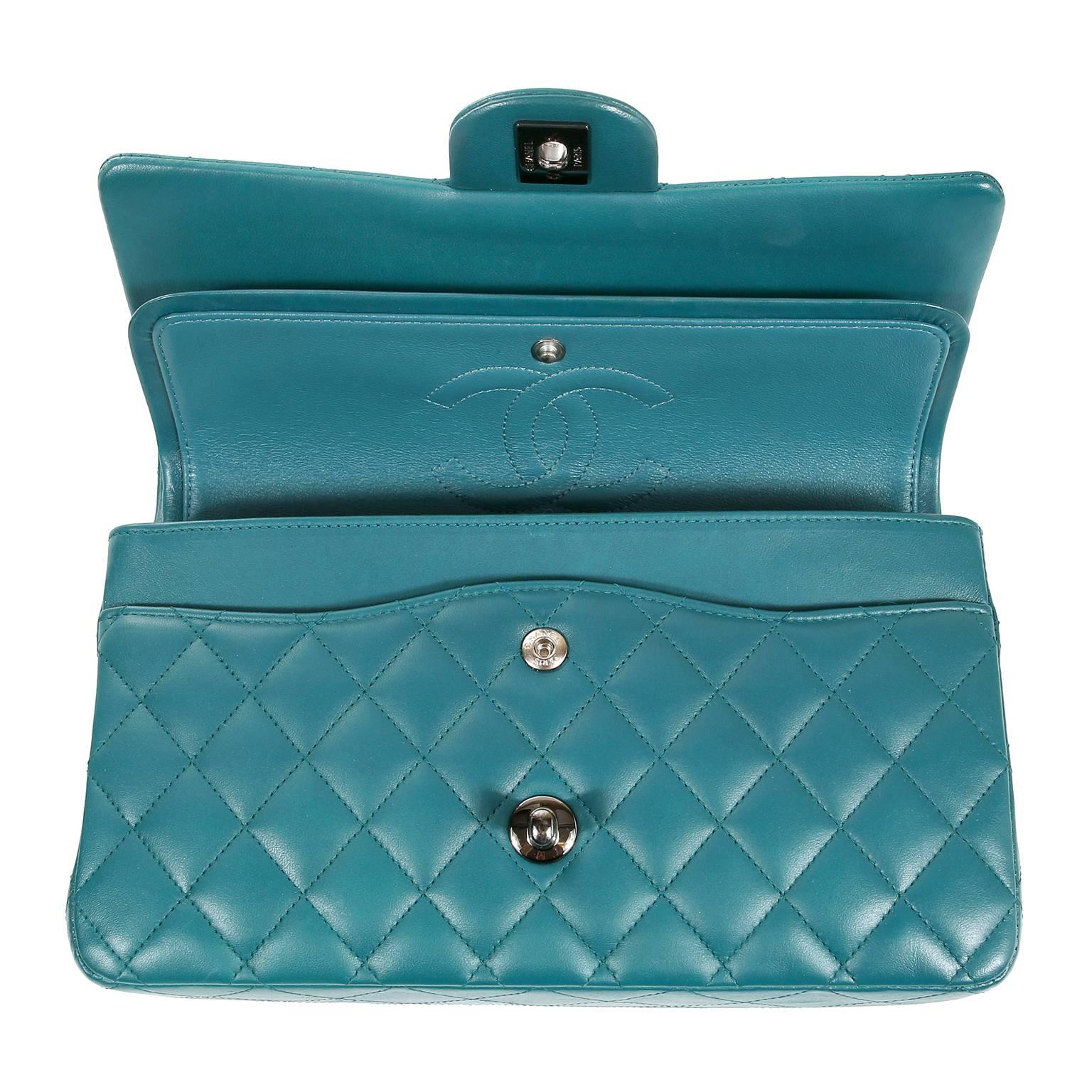 Women's Chanel Teal Lambskin Medium Classic Double Flap Bag