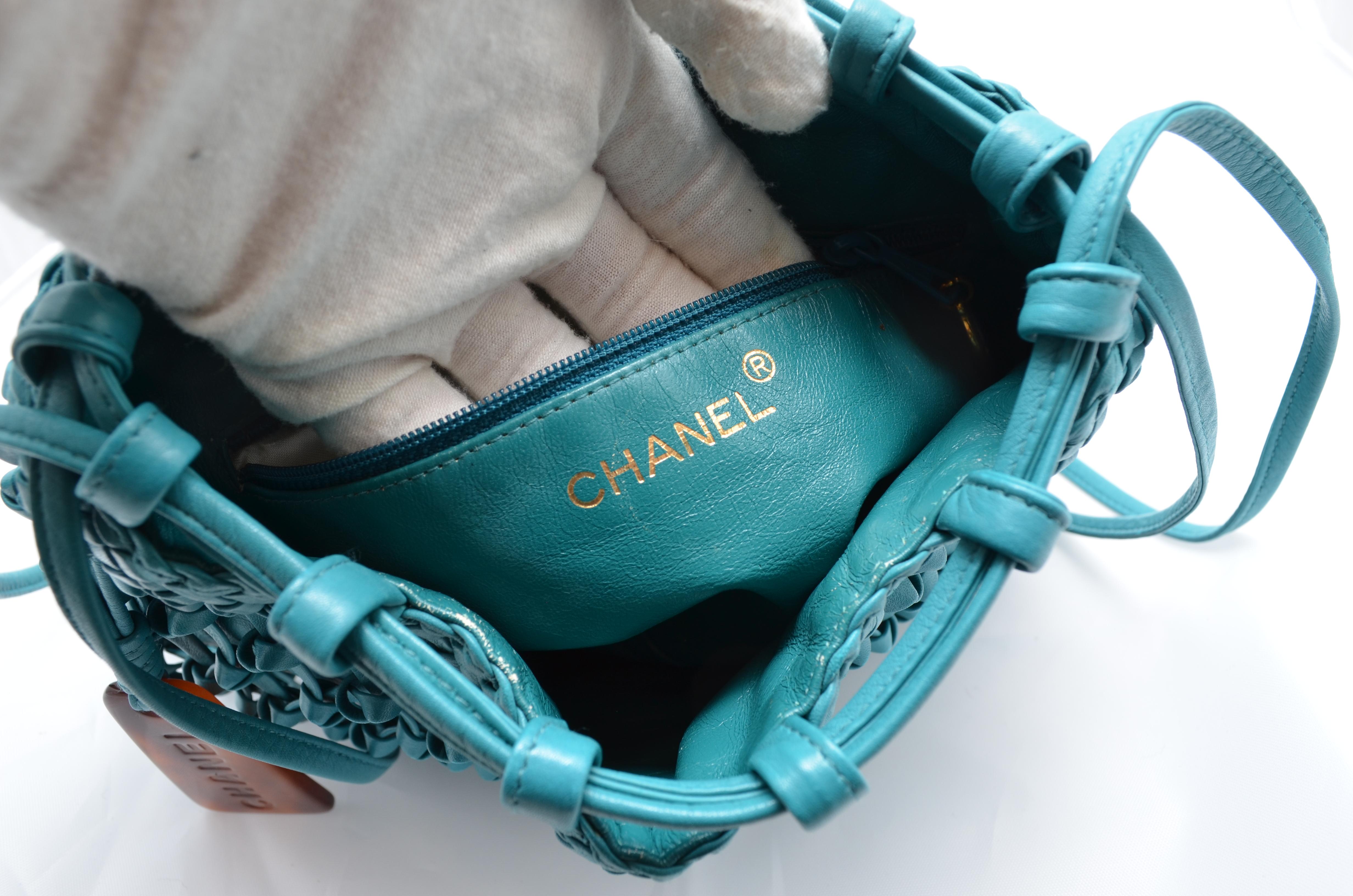 Chanel Teal Leather Knot Bucket Bag 5
