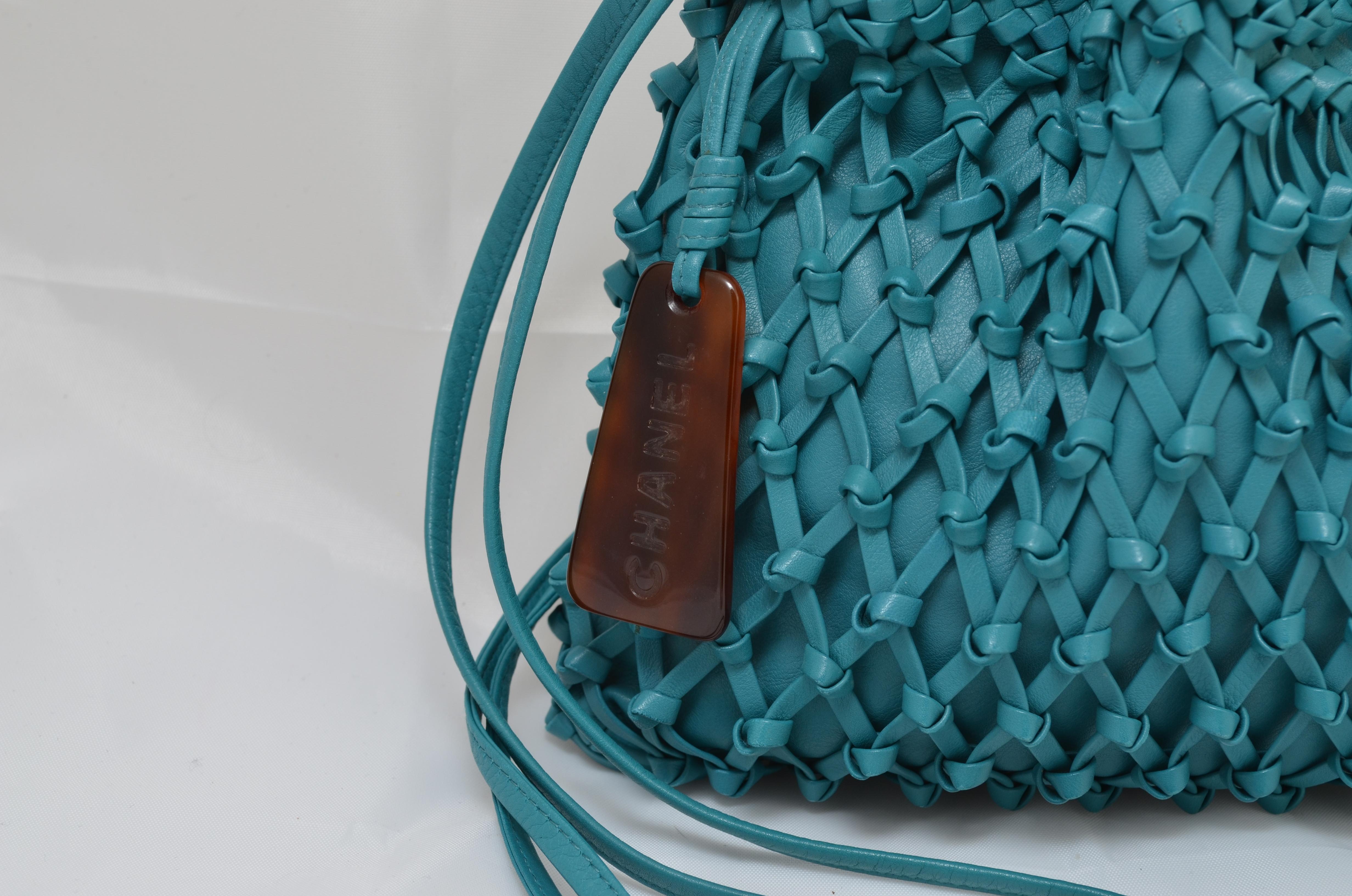 Chanel Teal Leather Knot Bucket Bag 2