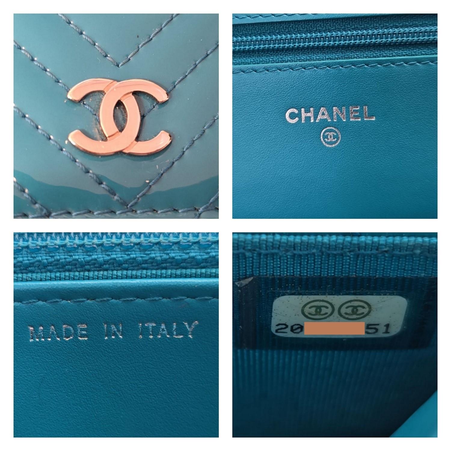 Chanel Portafoglio Chevron in vernice verde acqua con catena WOC in vendita 3