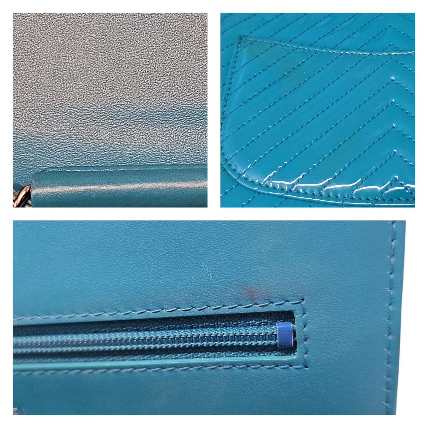 Chanel Portafoglio Chevron in vernice verde acqua con catena WOC in vendita 4