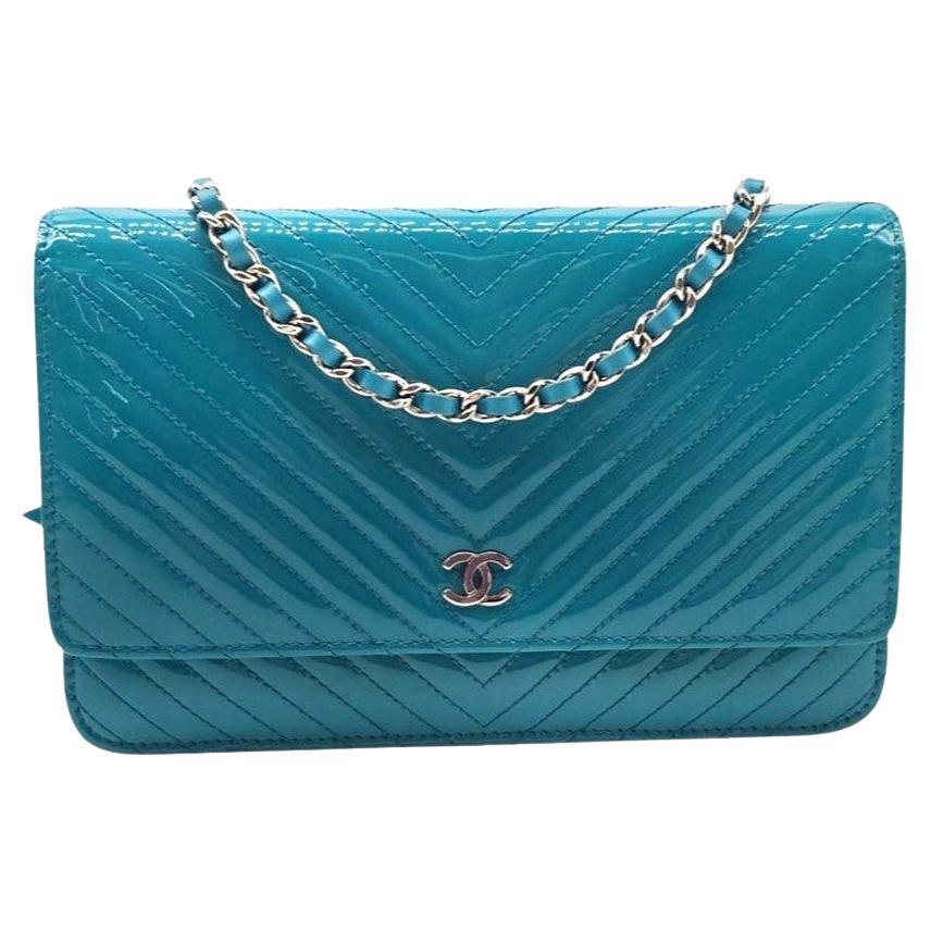 Chanel Teal Patent Chevron Wallet On Chain WOC