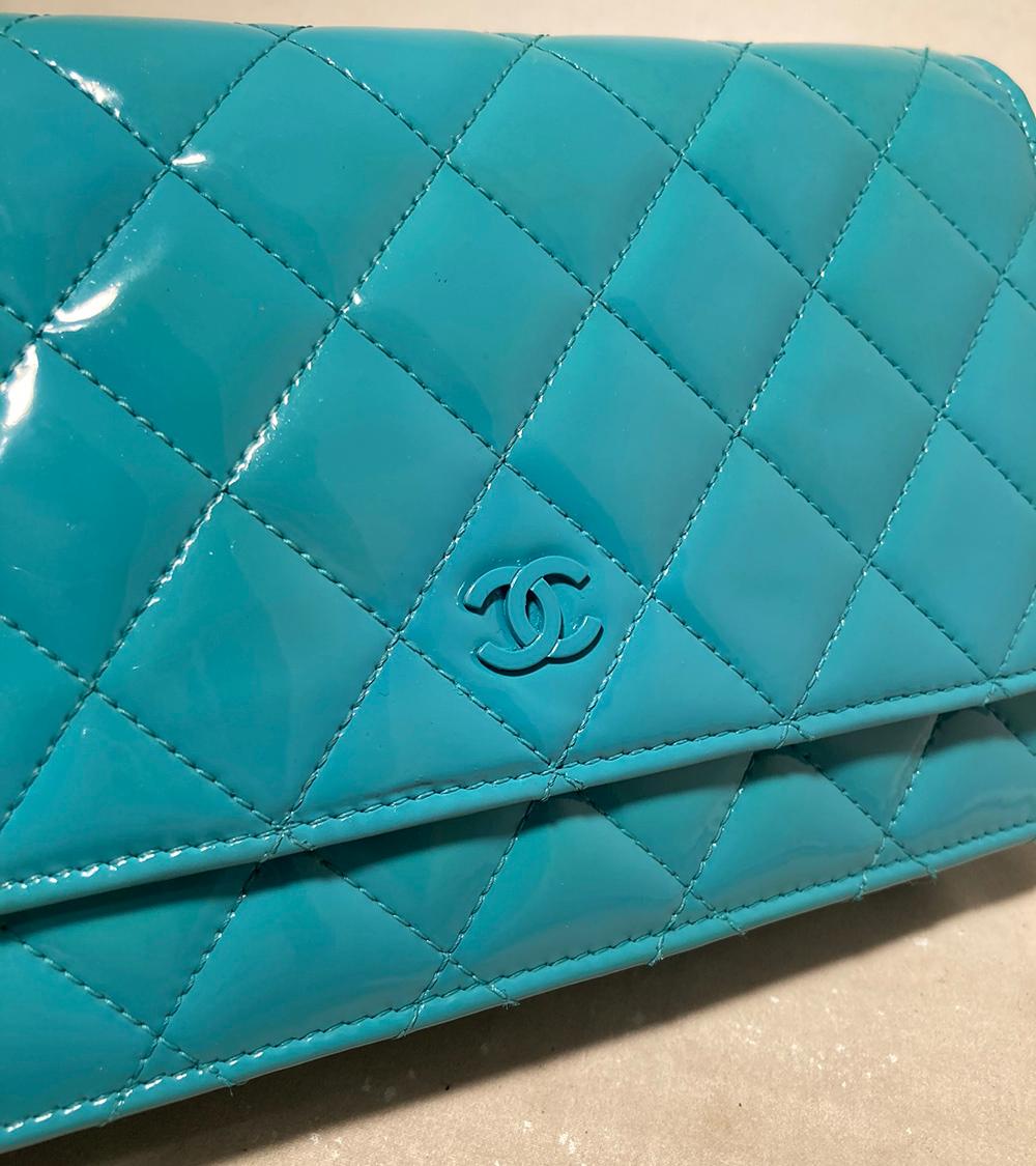Blue Chanel Teal Patent Leather WOC Wallet on a Chain 